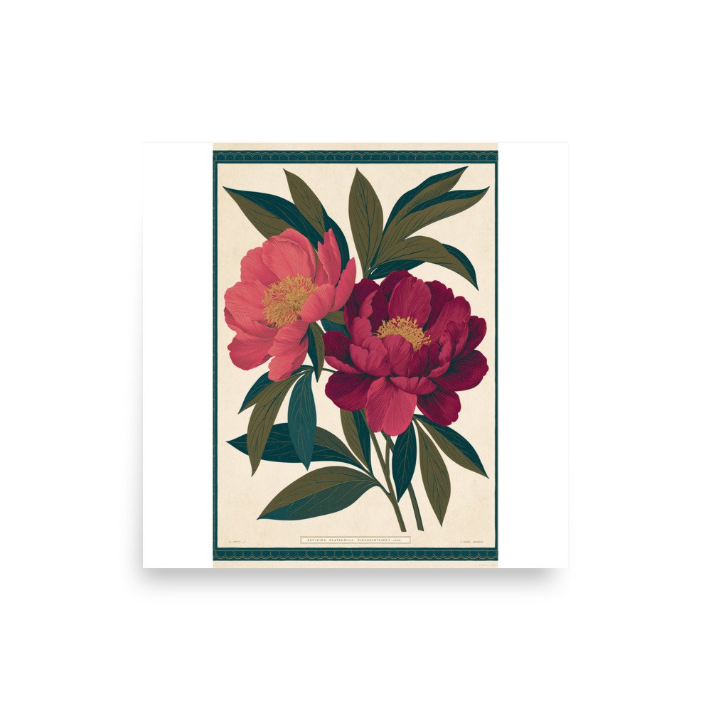 Vintage Peony Botanical Print, Antique Floral Wall Art, Pink Flower Illustration, Botanical Poster, Cottage Core Decor, Maximalist Art