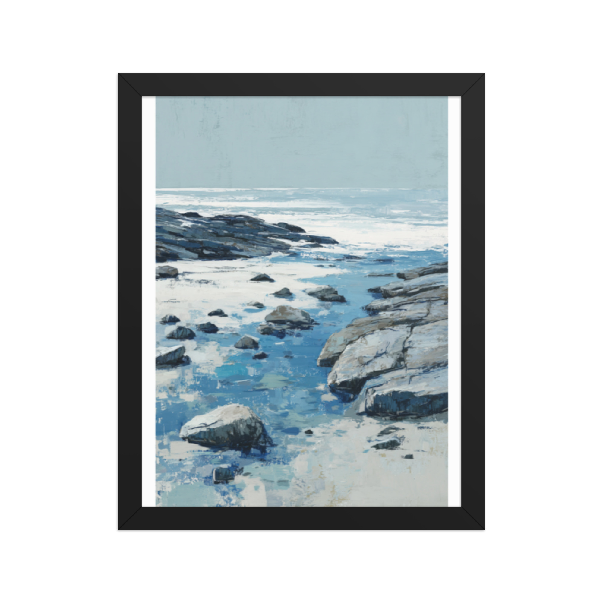 Rocky Coastline Framed Wall Art, Blue Grey Tide Pool Seascape Print, Coastal Rocks Beach Decor - Image 3