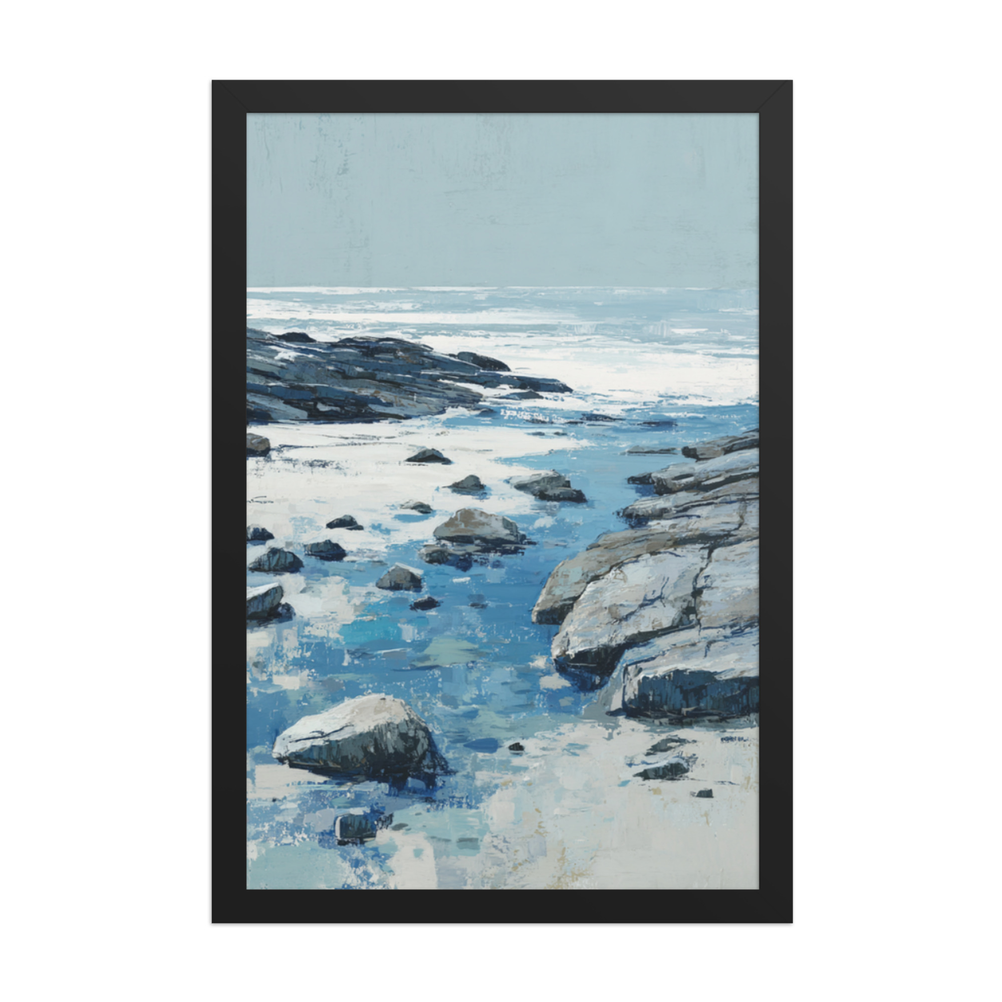 Rocky Coastline Framed Wall Art, Blue Grey Tide Pool Seascape Print, Coastal Rocks Beach Decor - Image 7