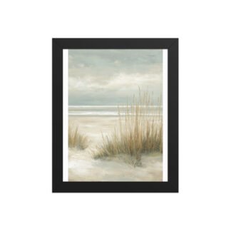 Coastal Dunes Framed Wall Art Print, Neutral Beige Blue Beach Grass, Serene Coastal Seascape Poster