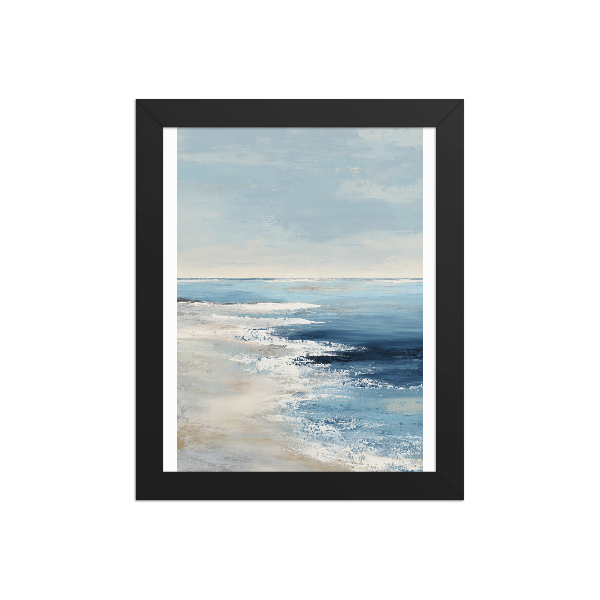 Coastal Beach Waves Framed Wall Art Print, Blue Ocean Sandy Shore, Serene Seascape Poster