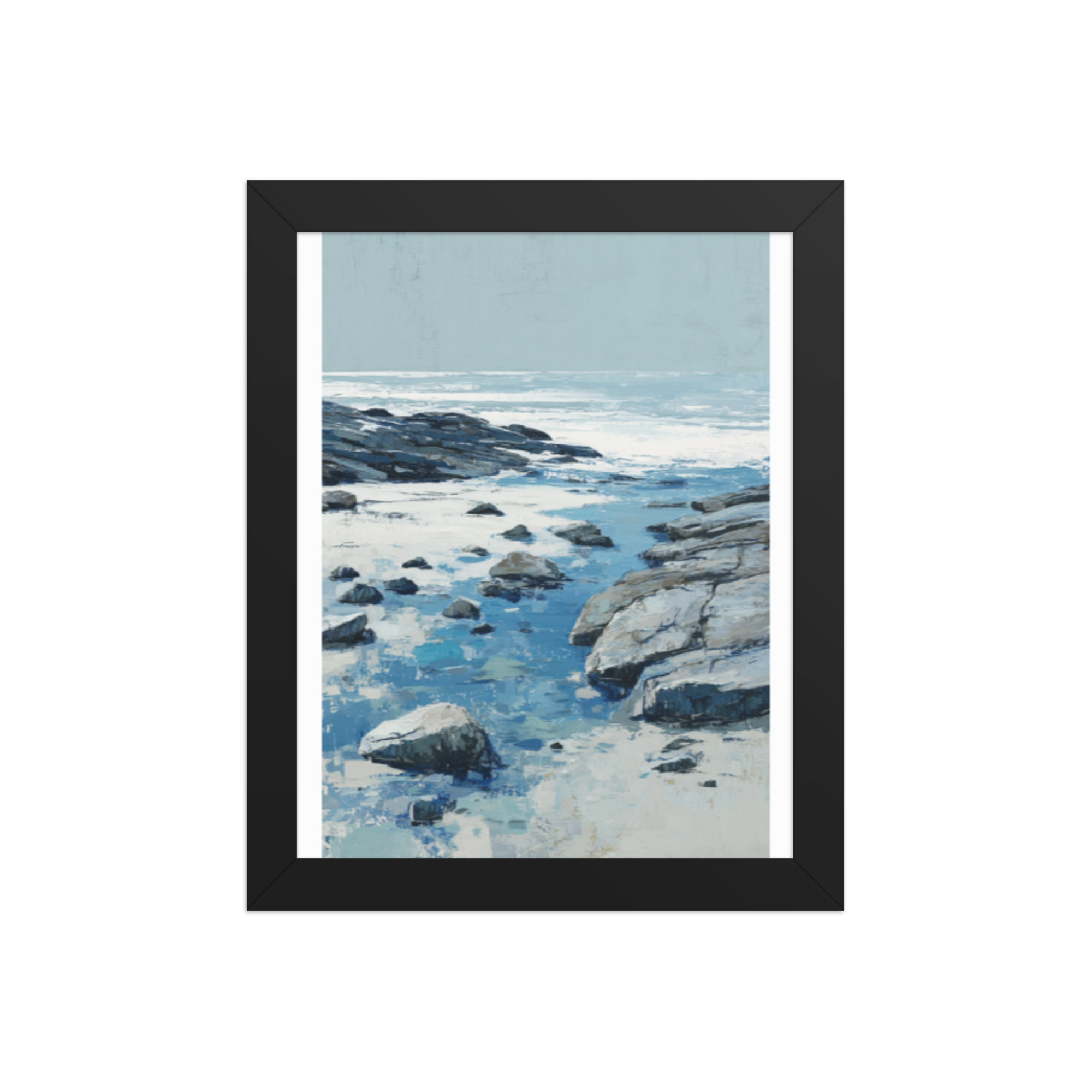 Rocky Coastline Framed Wall Art, Blue Grey Tide Pool Seascape Print, Coastal Rocks Beach Decor