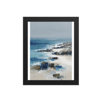 Sandy Beach Rocky Cove Framed Wall Art, Blue Ocean Coastal Headland Print, Textured Seascape Decor