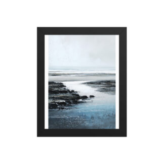 Moody Coastal Beach Framed Wall Art, Dark Rocks Silver Tide Print, Atmospheric Shore Seascape Decor