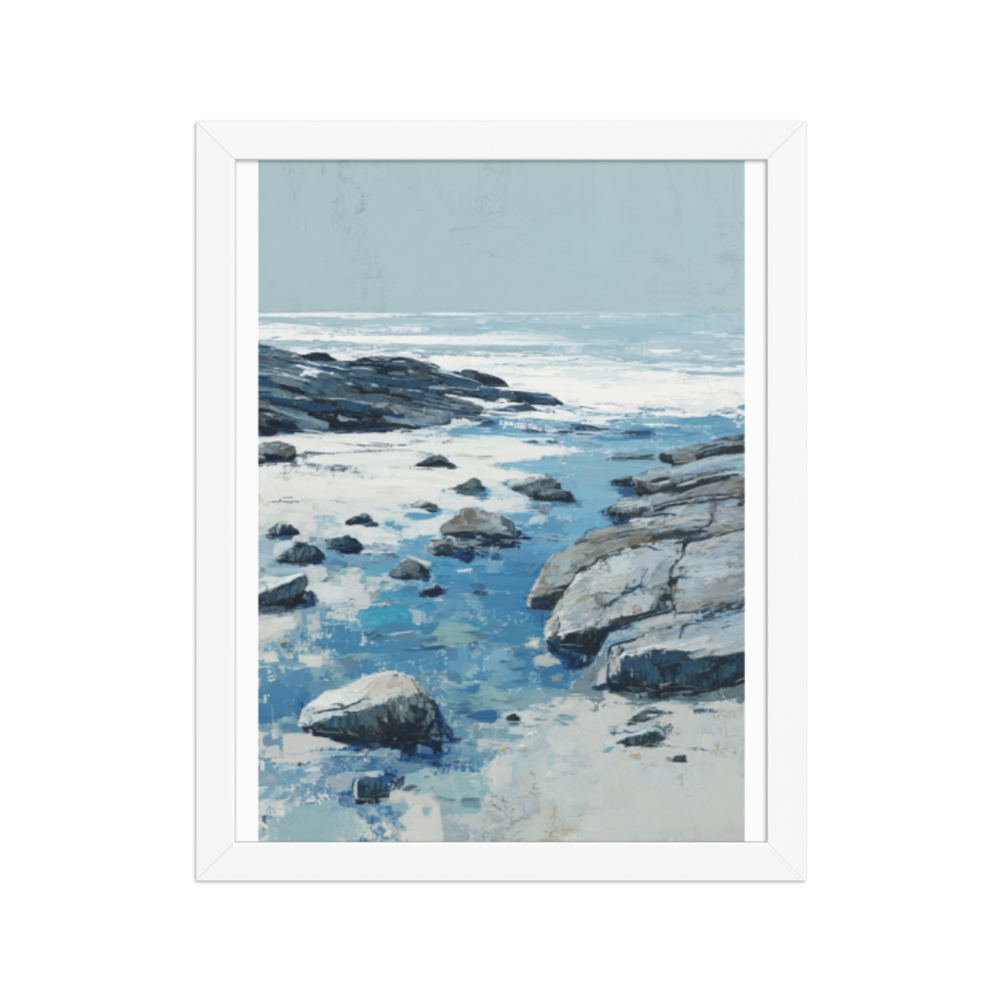 Rocky Coastline Framed Wall Art, Blue Grey Tide Pool Seascape Print, Coastal Rocks Beach Decor - Image 4