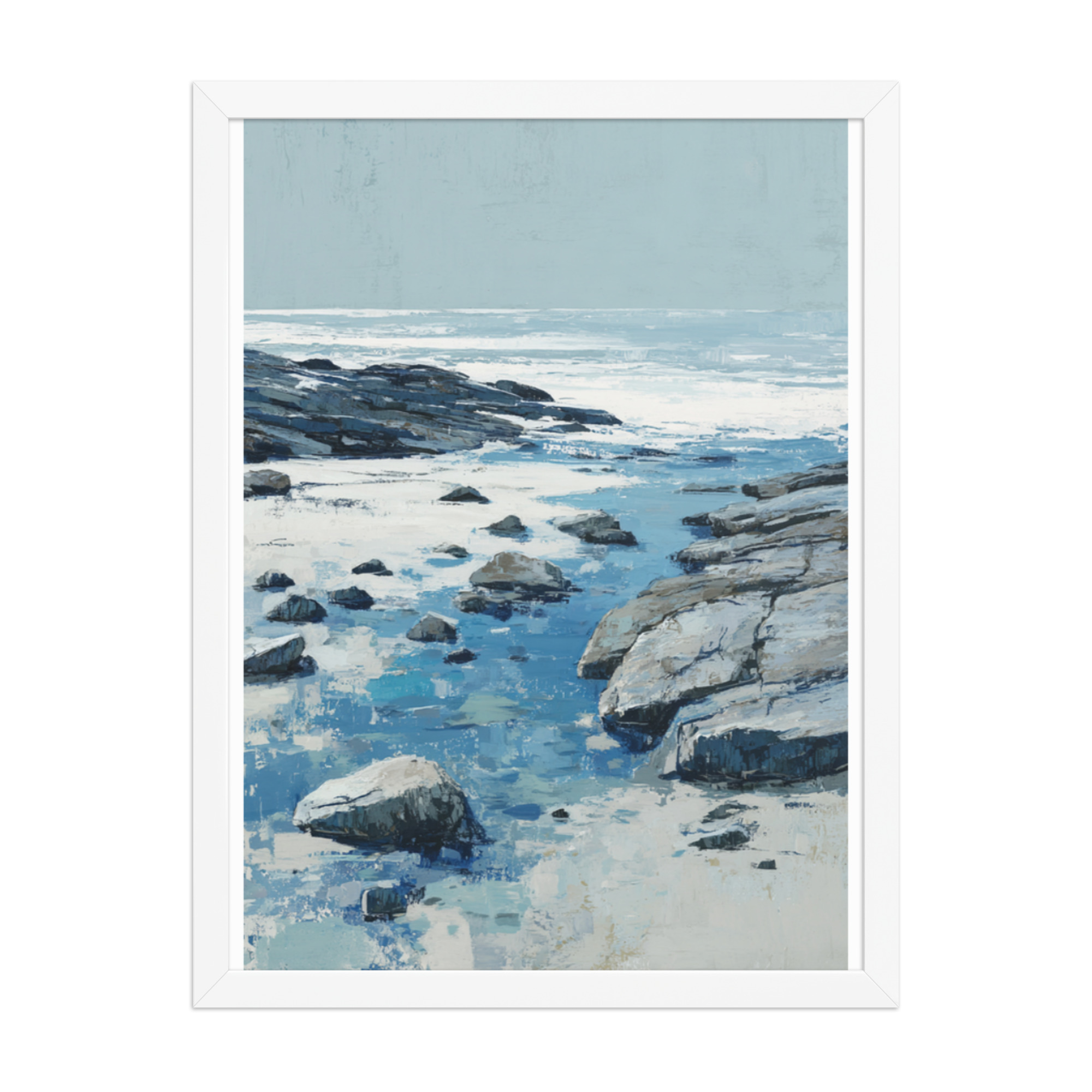 Rocky Coastline Framed Wall Art, Blue Grey Tide Pool Seascape Print, Coastal Rocks Beach Decor - Image 12
