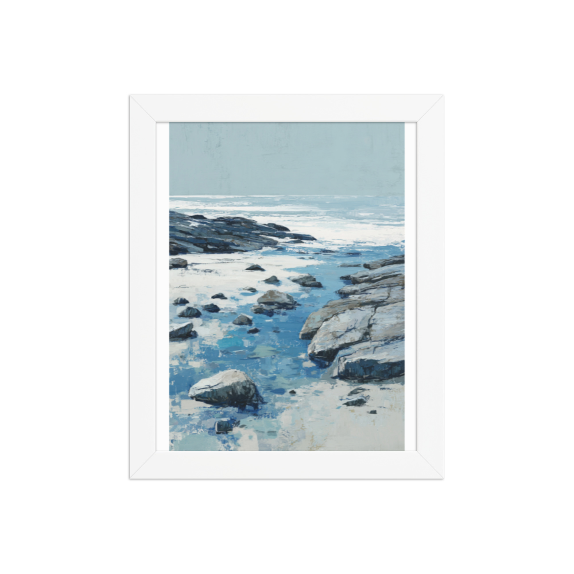 Rocky Coastline Framed Wall Art, Blue Grey Tide Pool Seascape Print, Coastal Rocks Beach Decor - Image 2