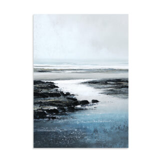 Moody Coastal Beach Wall Art Print, Dark Rocks Silver Tide Seascape, Atmospheric Shore Poster