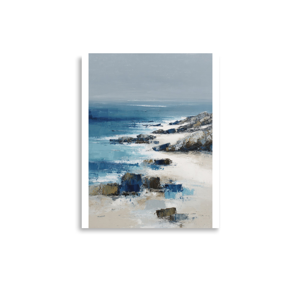 Sandy Beach Rocky Cove Wall Art Print, Blue Ocean Coastal Headland, Textured Seascape Poster - Image 6