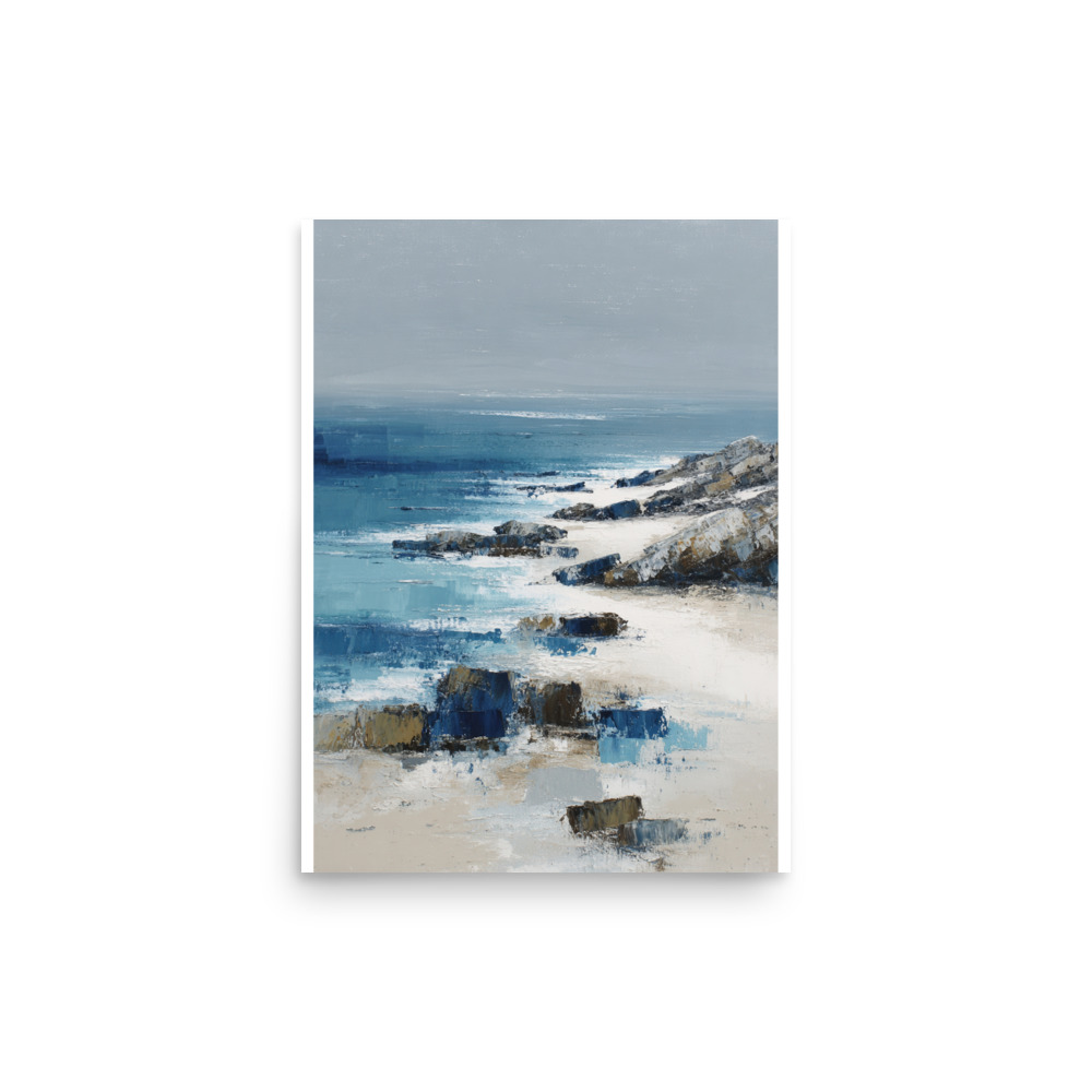 Sandy Beach Rocky Cove Wall Art Print, Blue Ocean Coastal Headland, Textured Seascape Poster - Image 8