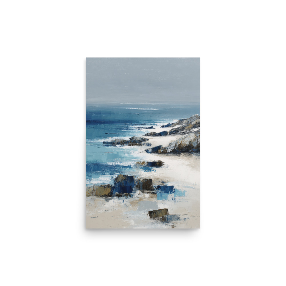 Sandy Beach Rocky Cove Wall Art Print, Blue Ocean Coastal Headland, Textured Seascape Poster - Image 9