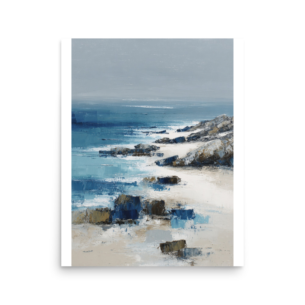 Sandy Beach Rocky Cove Wall Art Print, Blue Ocean Coastal Headland, Textured Seascape Poster - Image 10