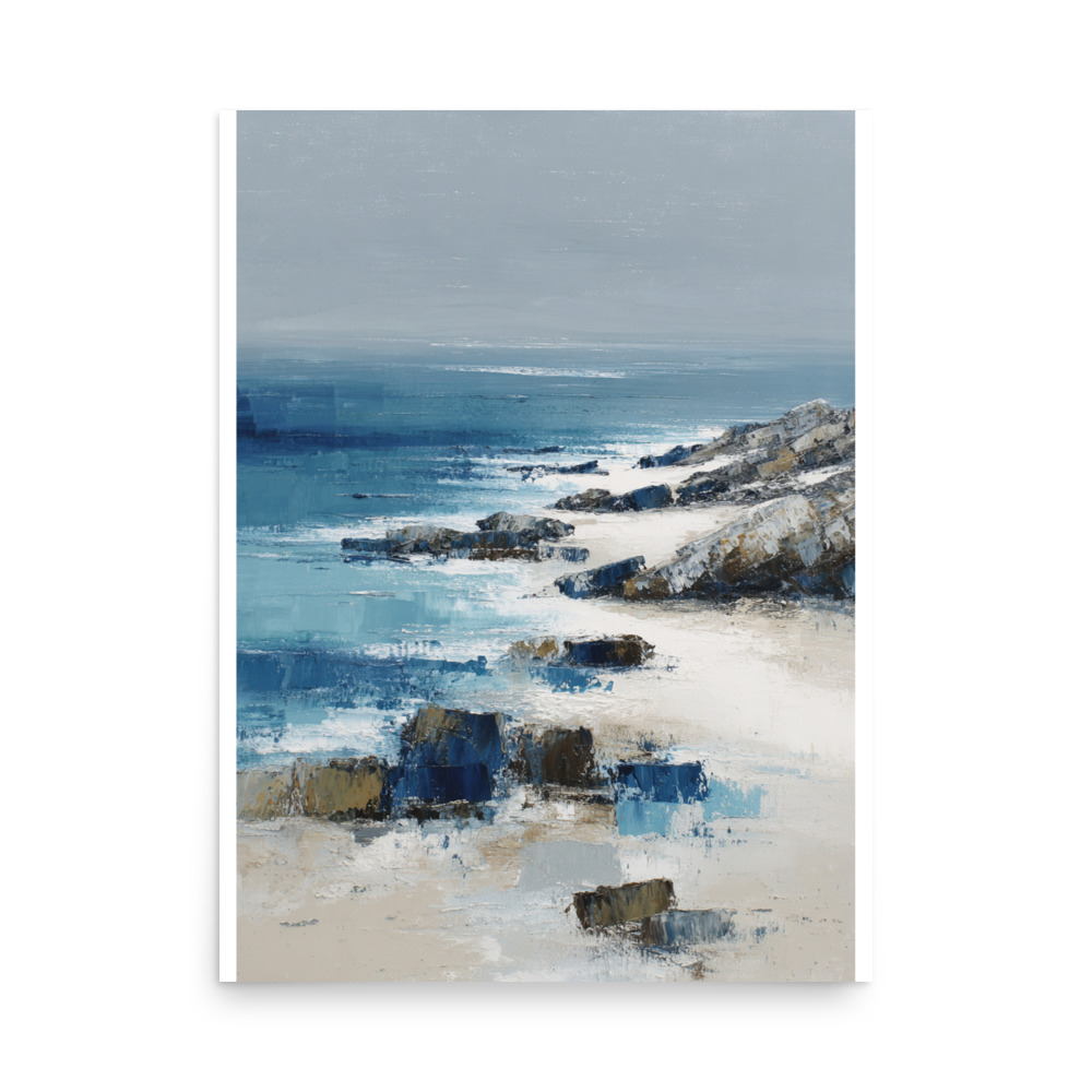 Sandy Beach Rocky Cove Wall Art Print, Blue Ocean Coastal Headland, Textured Seascape Poster - Image 12