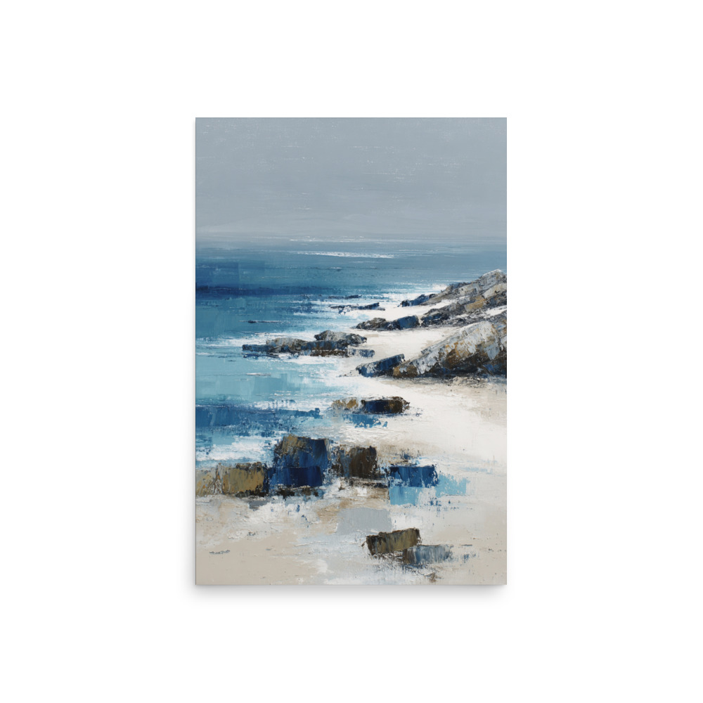 Sandy Beach Rocky Cove Wall Art Print, Blue Ocean Coastal Headland, Textured Seascape Poster - Image 15