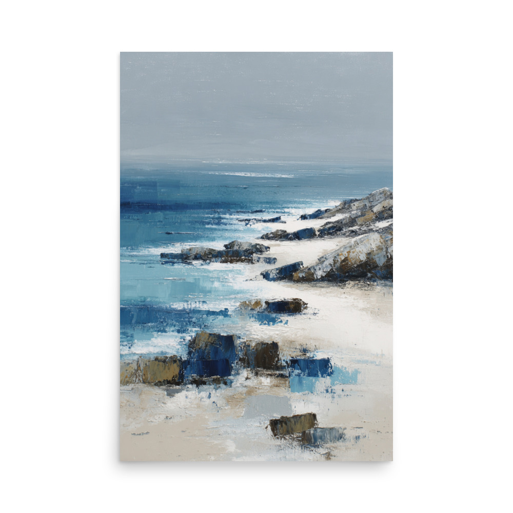 Sandy Beach Rocky Cove Wall Art Print, Blue Ocean Coastal Headland, Textured Seascape Poster - Image 17