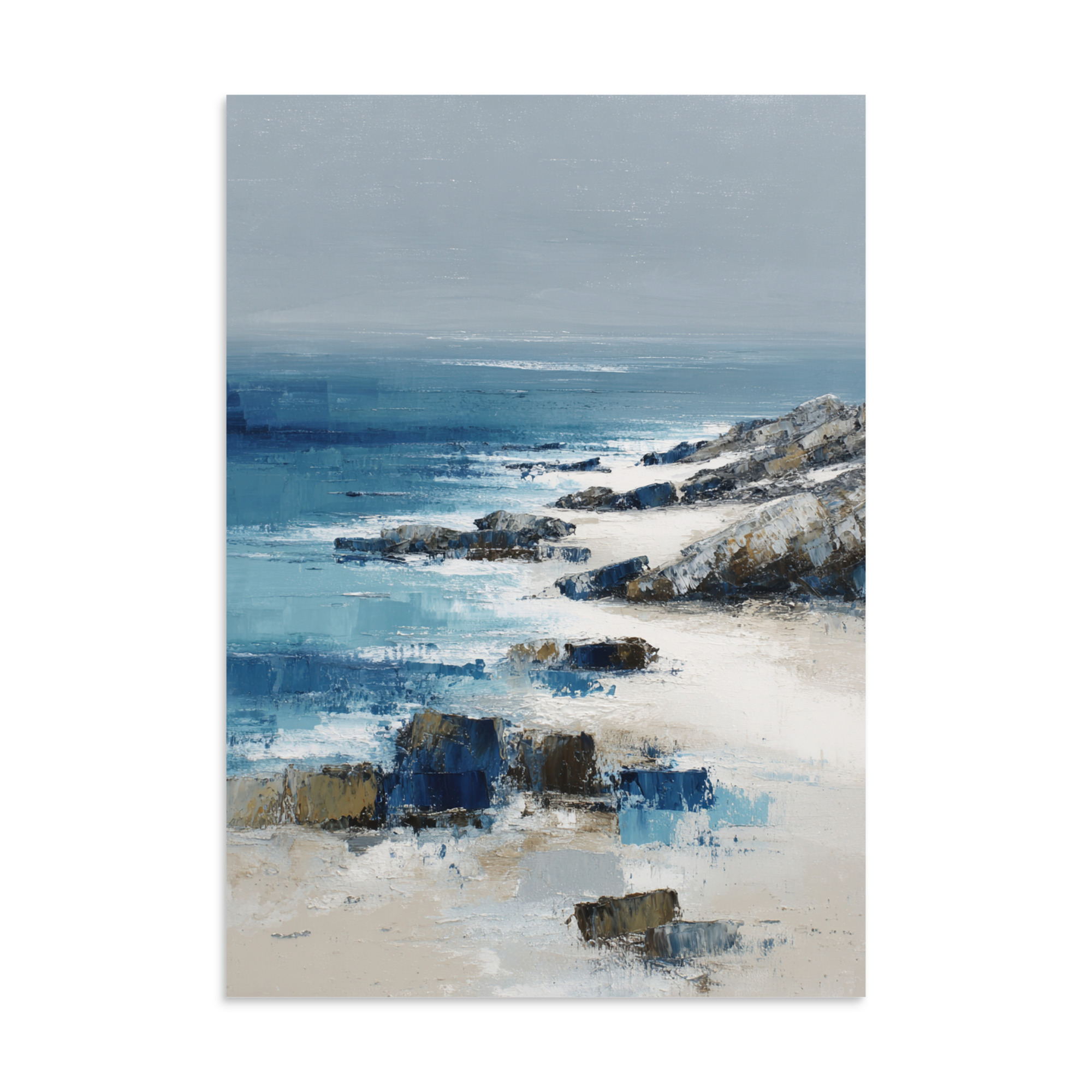 Sandy Beach Rocky Cove Wall Art Print, Blue Ocean Coastal Headland, Textured Seascape Poster - Image 2