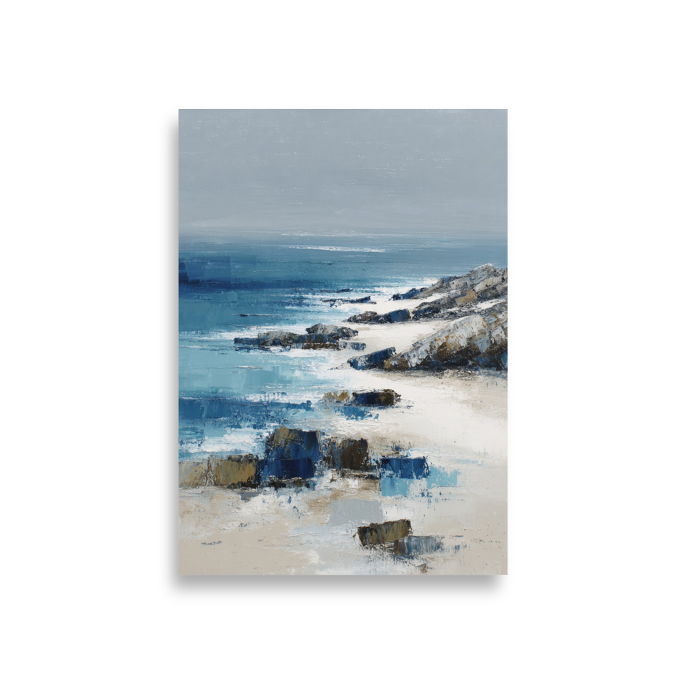 Sandy Beach Rocky Cove Wall Art Print, Blue Ocean Coastal Headland, Textured Seascape Poster - Image 3
