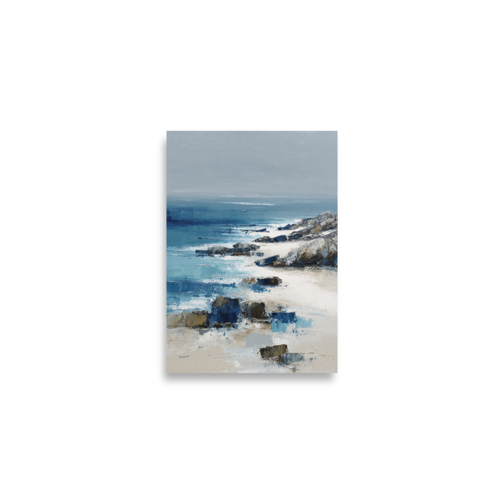 Sandy Beach Rocky Cove Wall Art Print, Blue Ocean Coastal Headland, Textured Seascape Poster - Image 4