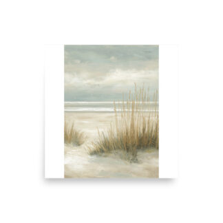 Coastal Dunes Wall Art Print, Neutral Beige Blue Beach Grass, Serene Coastal Seascape Poster