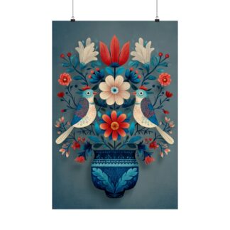 Folk Art Birds Floral Vase Print | Scandinavian Style Wall Art | Matte Poster Print