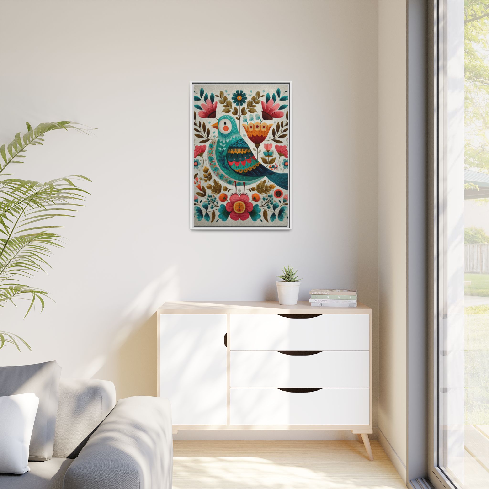 Folk Art Bird Print | Scandinavian Floral Illustration Boho | Framed Canvas Print - Image 23