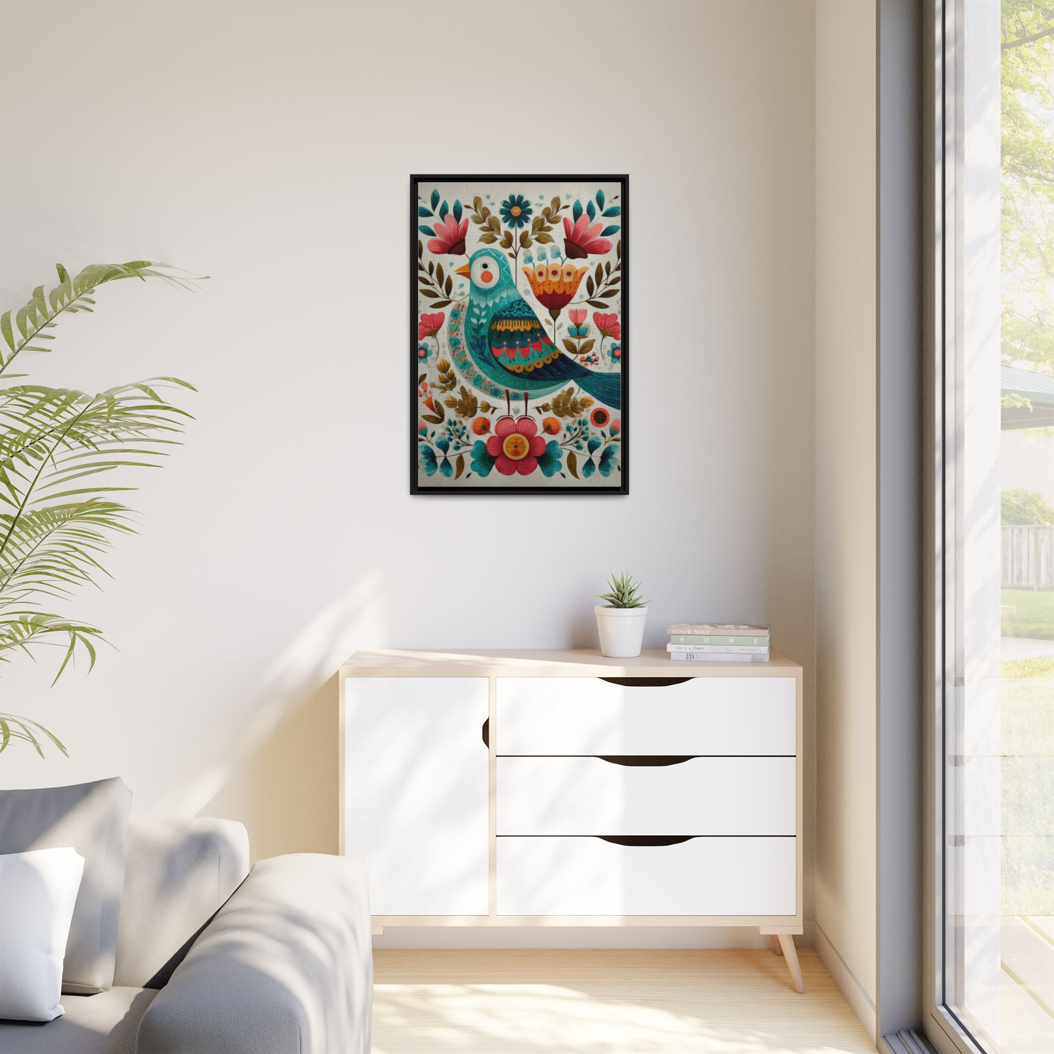 Folk Art Bird Print | Scandinavian Floral Illustration Boho | Framed Canvas Print - Image 19