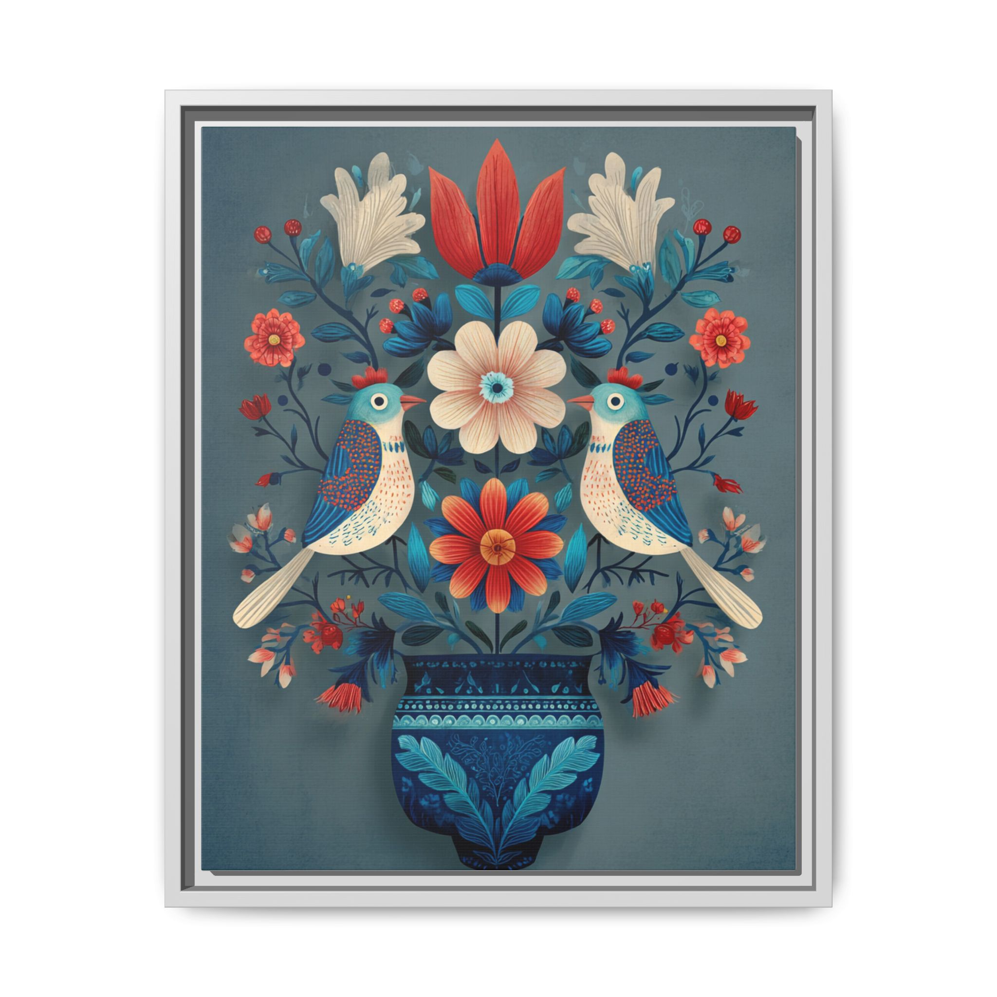 Folk Art Birds Floral Vase Print | Scandinavian Style Wall Art | Framed Canvas Print - Image 9