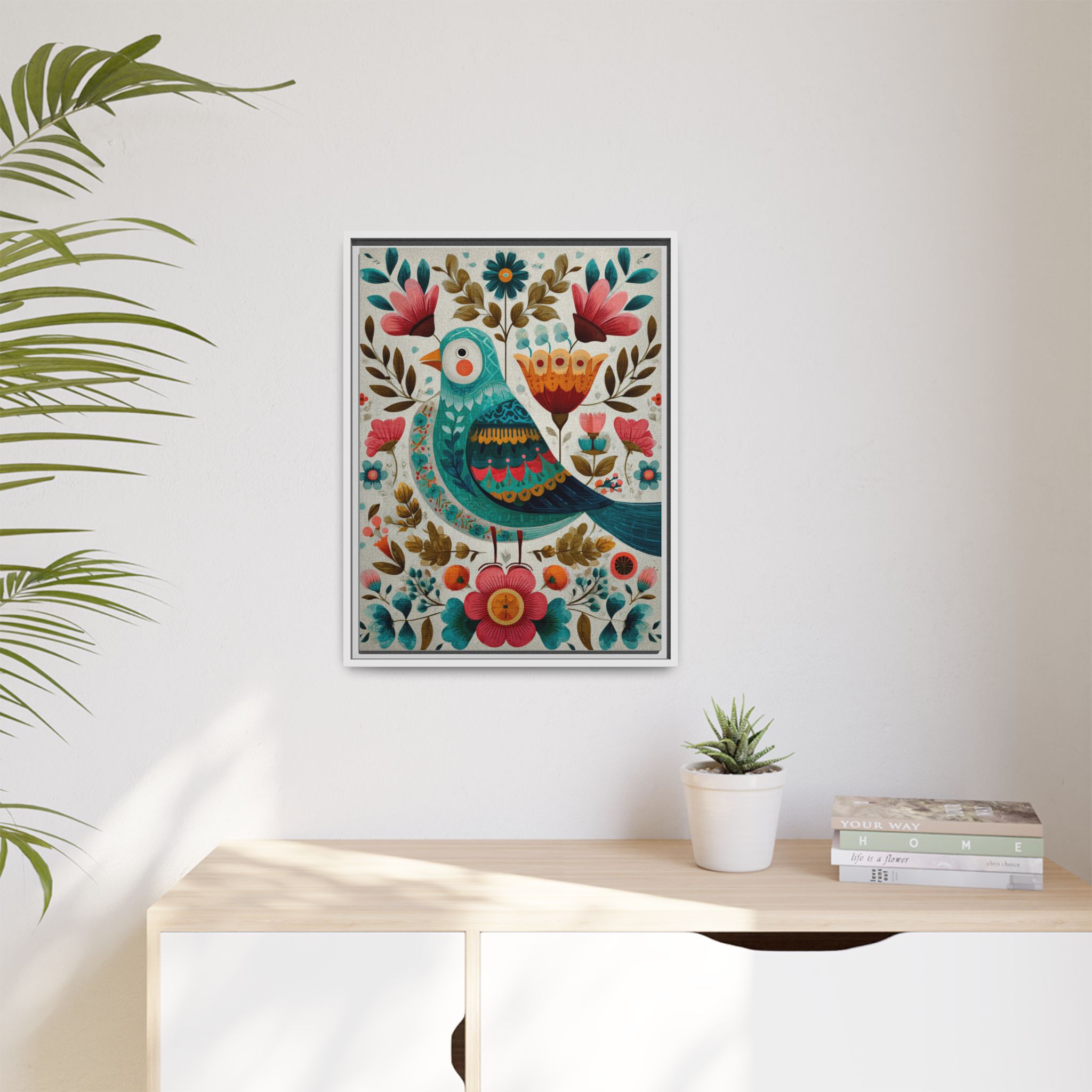 Folk Art Bird Print | Scandinavian Floral Illustration Boho | Framed Canvas Print - Image 31