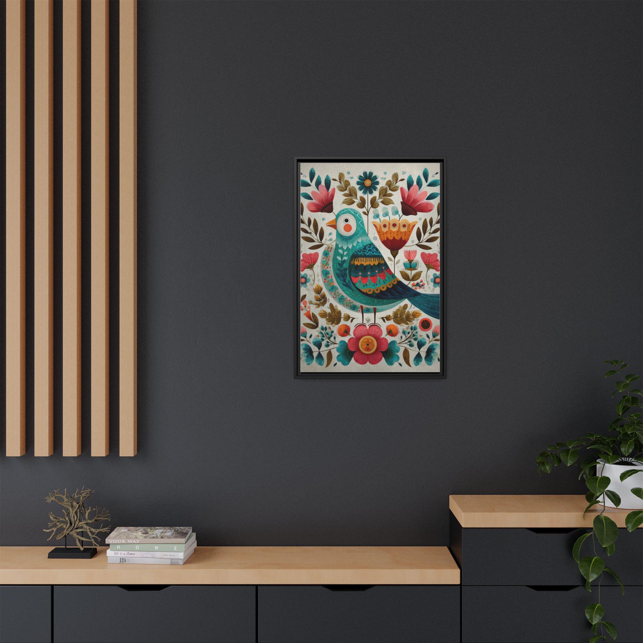 Folk Art Bird Print | Scandinavian Floral Illustration Boho | Framed Canvas Print - Image 4