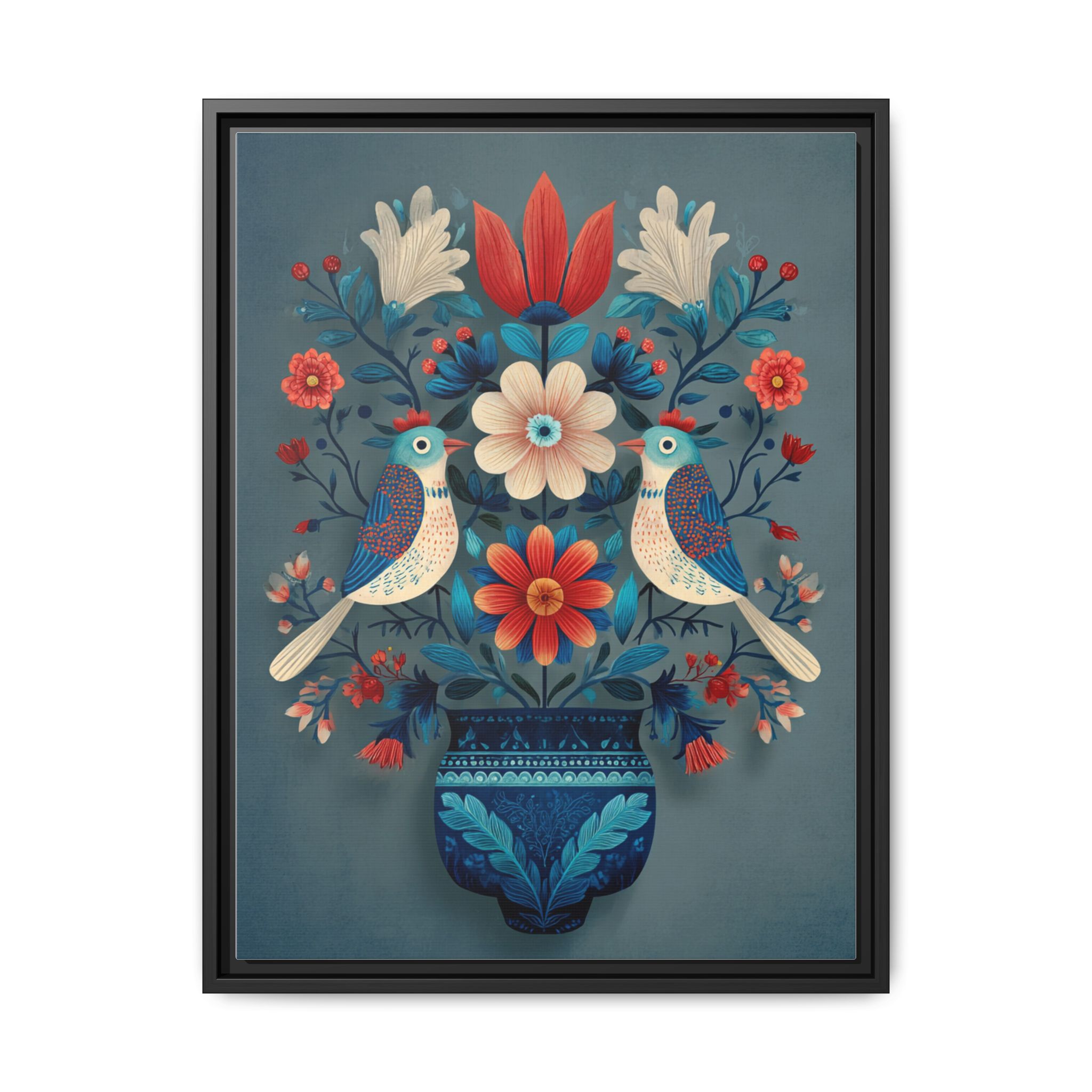 Folk Art Birds Floral Vase Print | Scandinavian Style Wall Art | Framed Canvas Print - Image 25