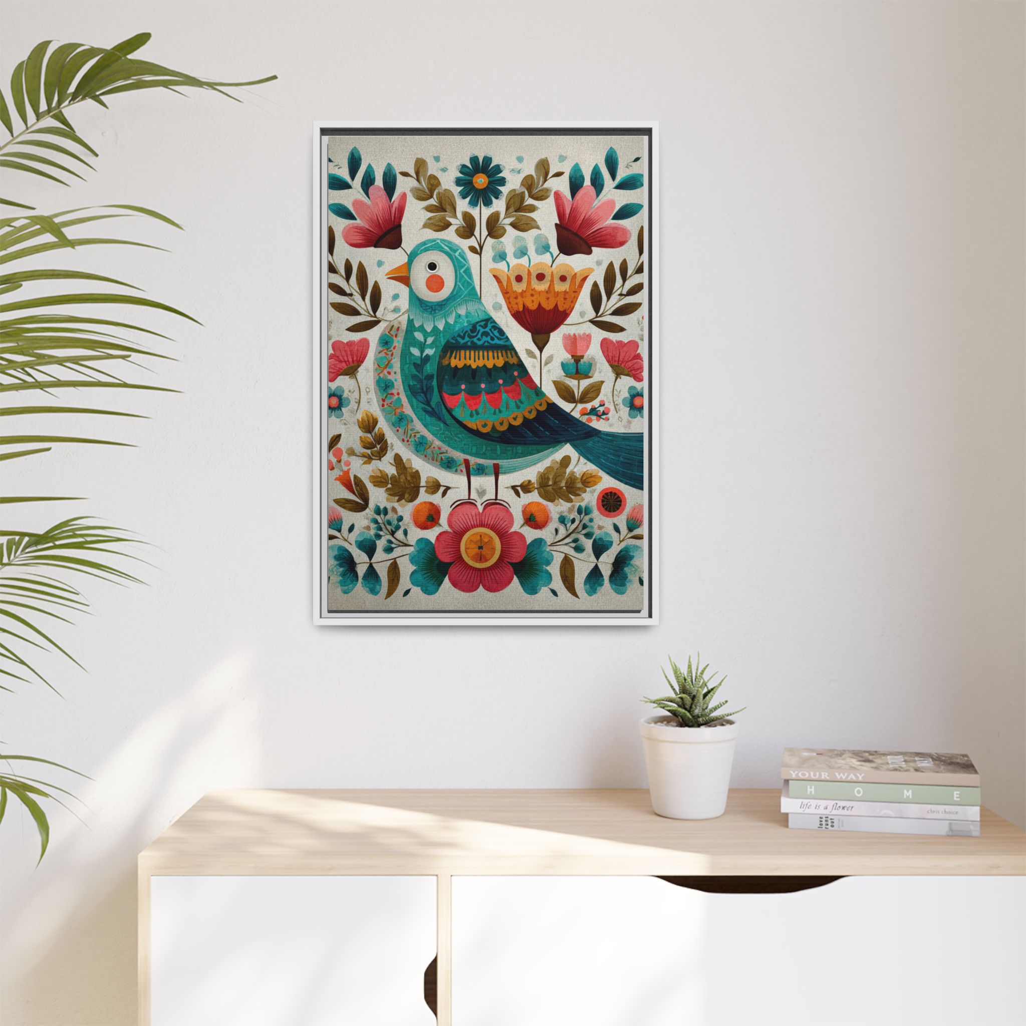 Folk Art Bird Print | Scandinavian Floral Illustration Boho | Framed Canvas Print - Image 7