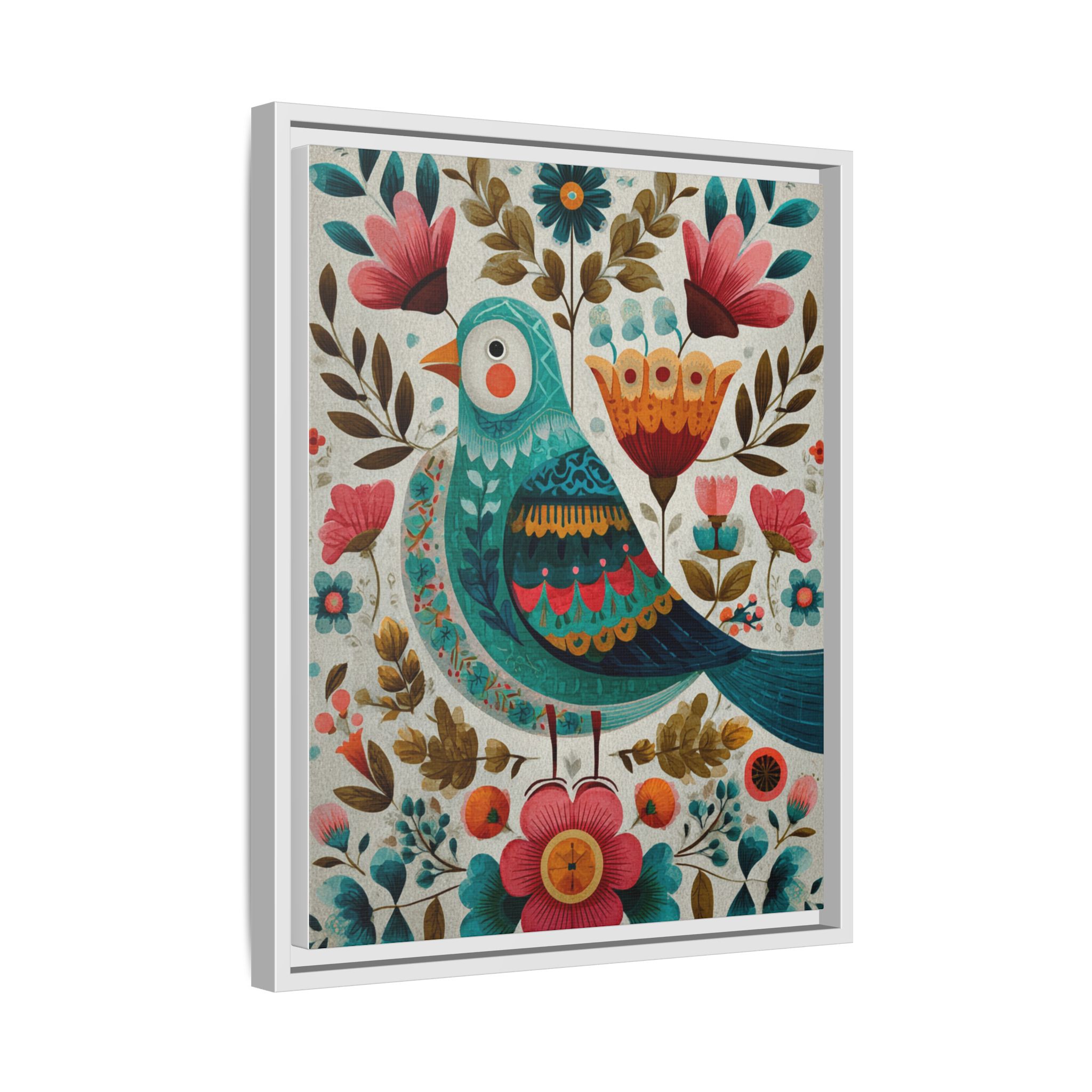 Folk Art Bird Print | Scandinavian Floral Illustration Boho | Framed Canvas Print - Image 10