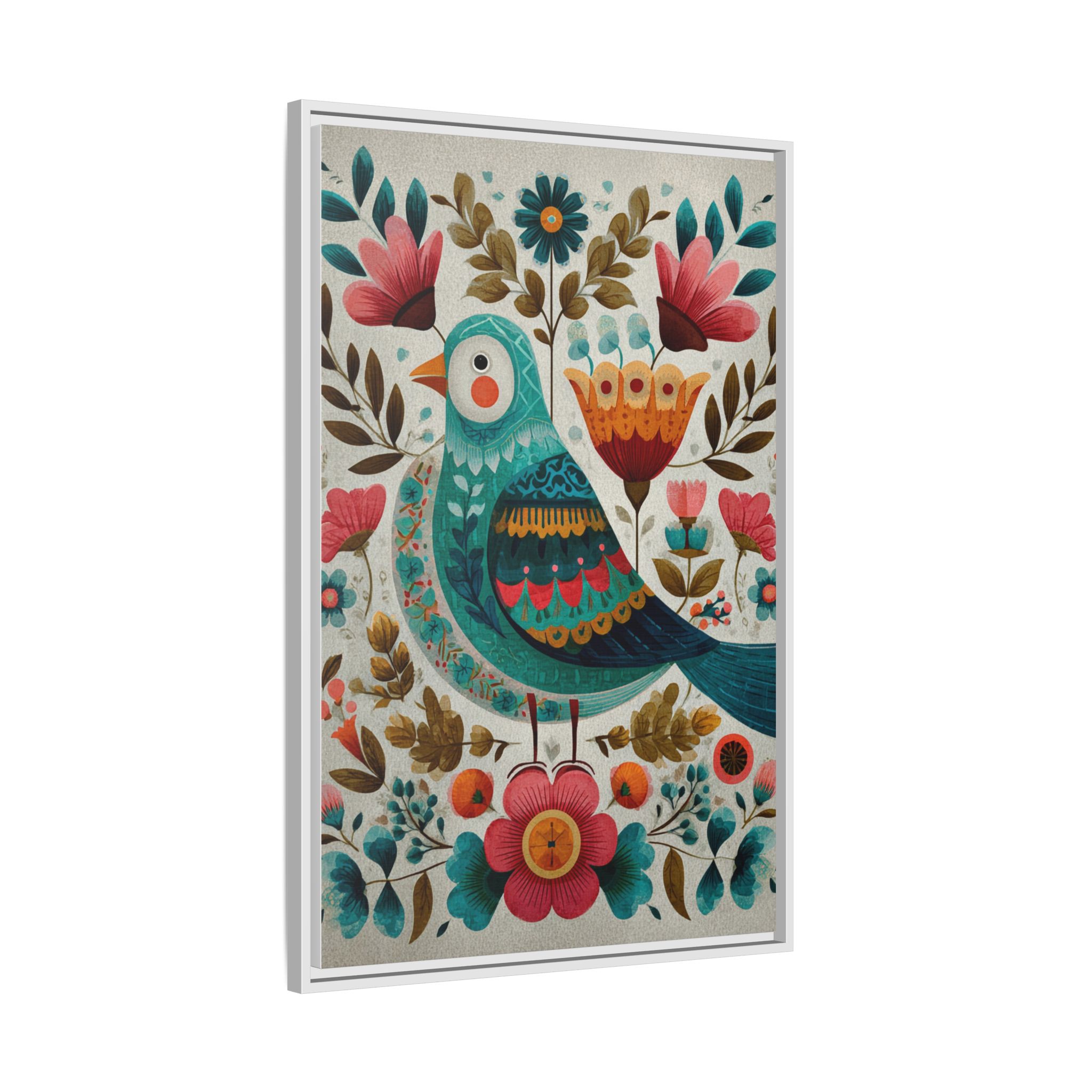 Folk Art Bird Print | Scandinavian Floral Illustration Boho | Framed Canvas Print - Image 22