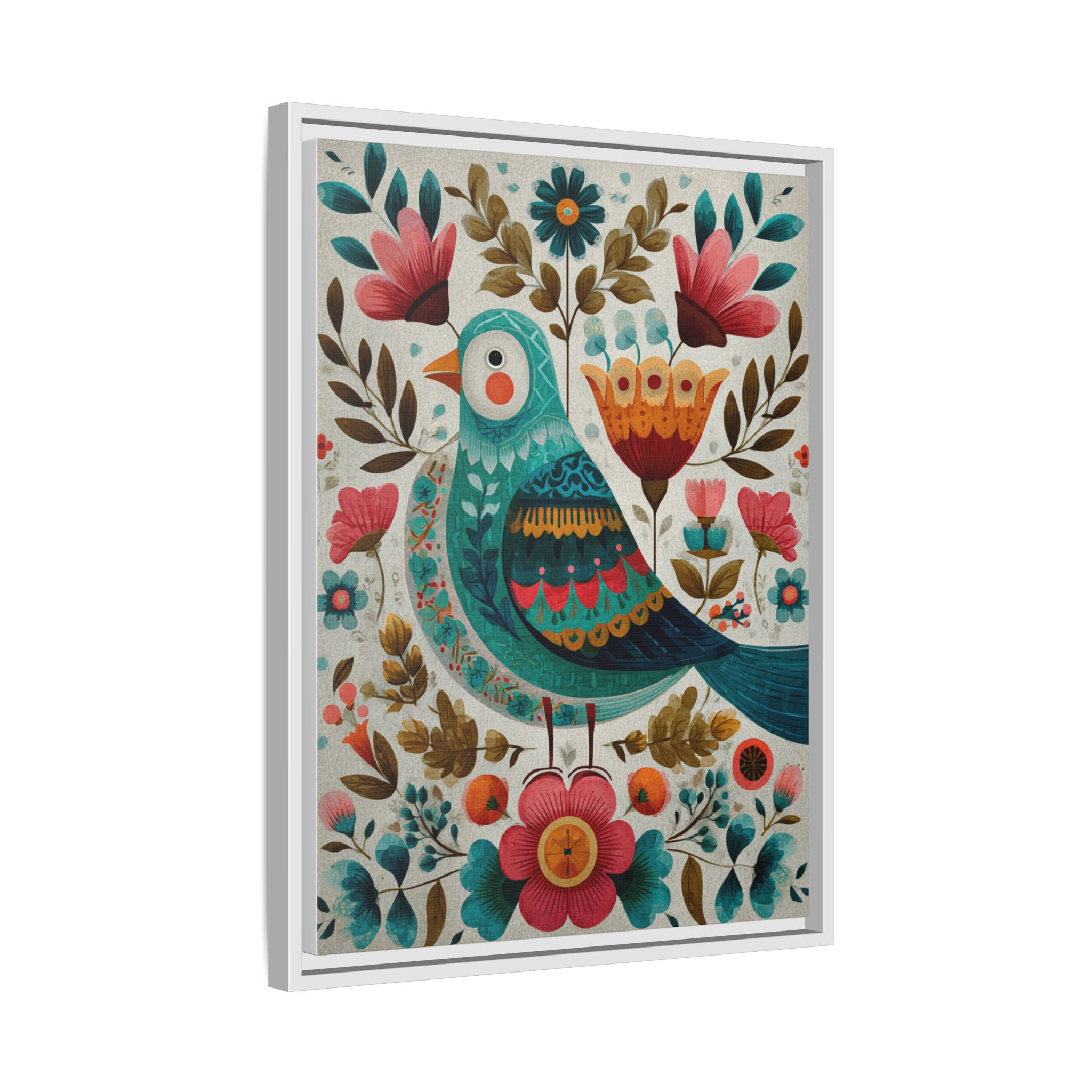 Folk Art Bird Print | Scandinavian Floral Illustration Boho | Framed Canvas Print - Image 30