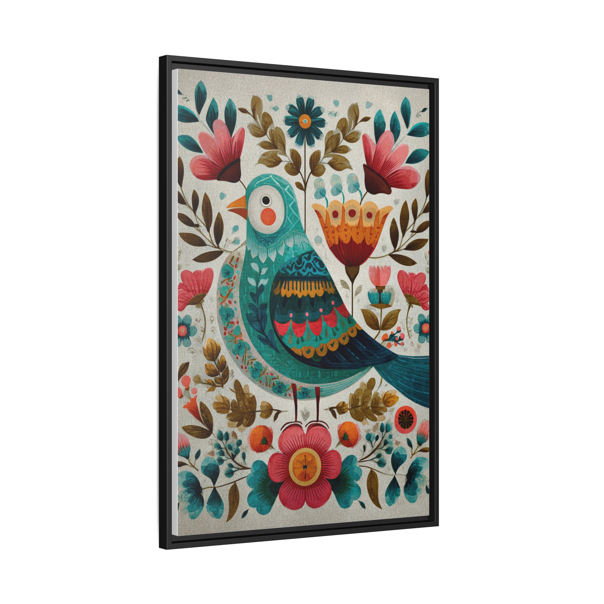 Folk Art Bird Print | Scandinavian Floral Illustration Boho | Framed Canvas Print - Image 18