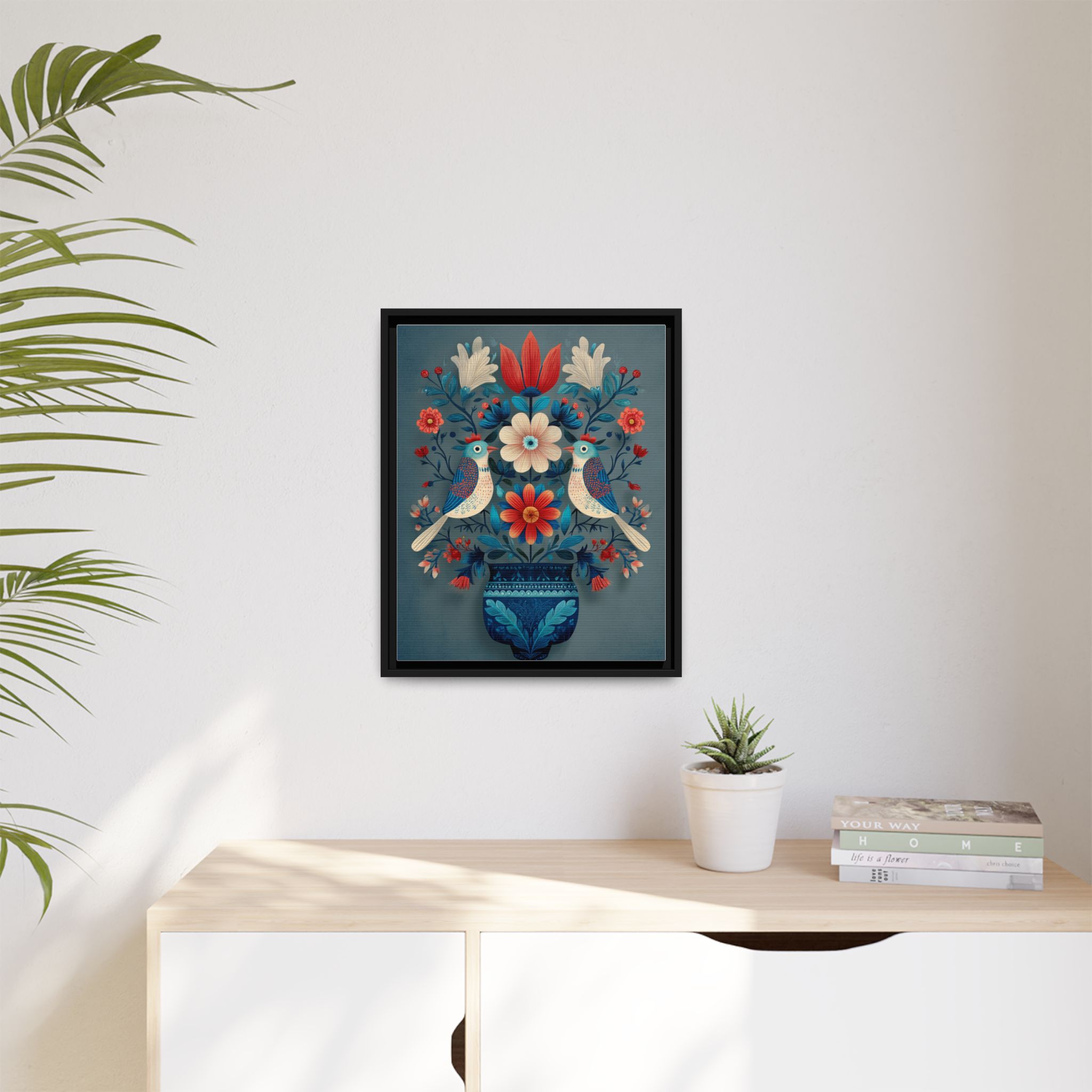 Folk Art Birds Floral Vase Print | Scandinavian Style Wall Art | Framed Canvas Print - Image 15