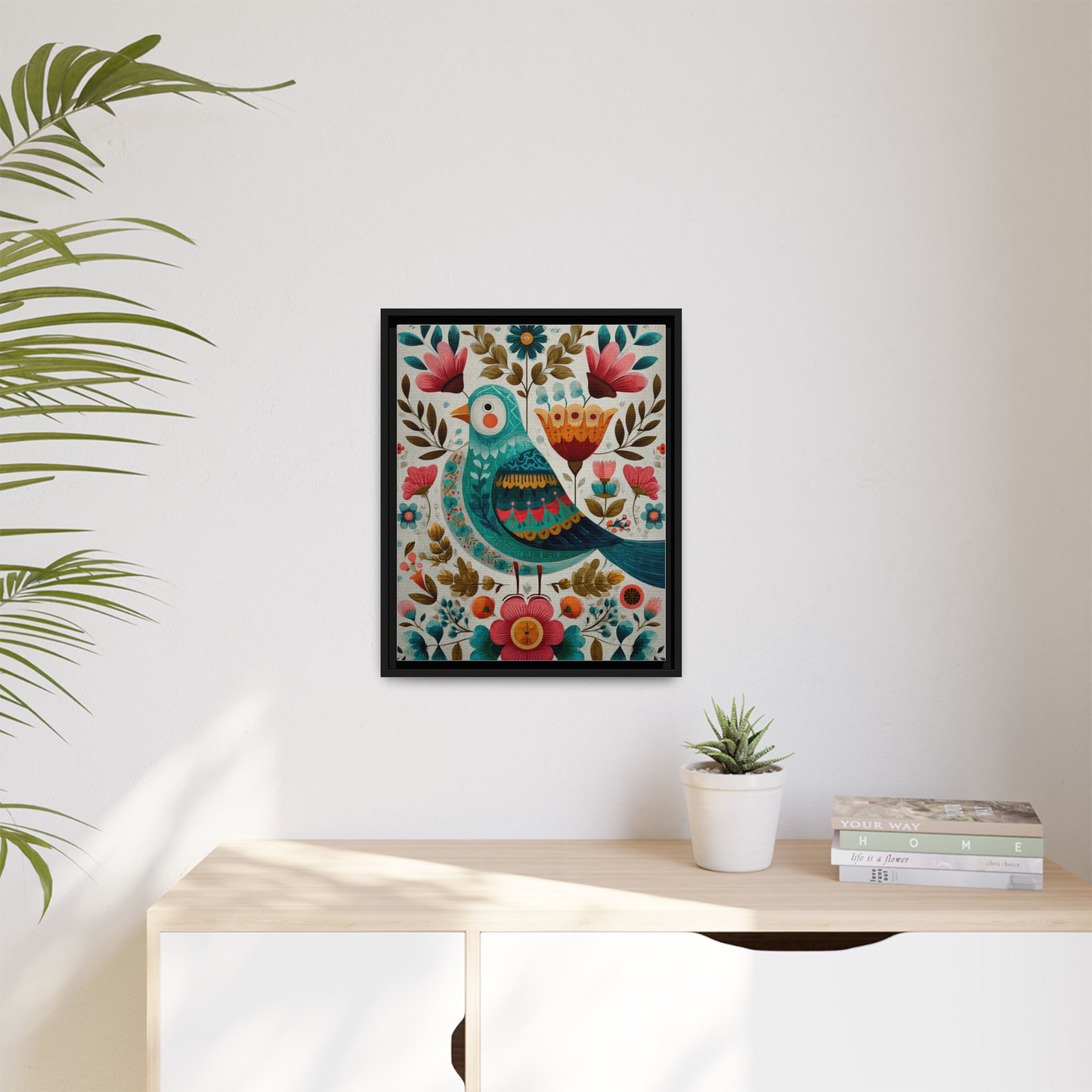 Folk Art Bird Print | Scandinavian Floral Illustration Boho | Framed Canvas Print - Image 15