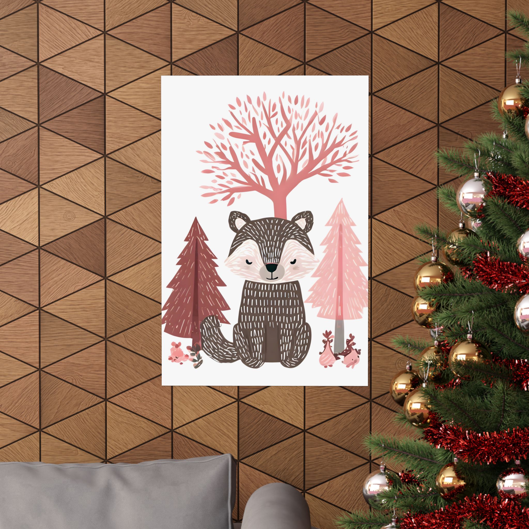 Woodland Bear Nursery Art | Pink Scandinavian Forest Animal Print | Matte Poster Print - Image 4