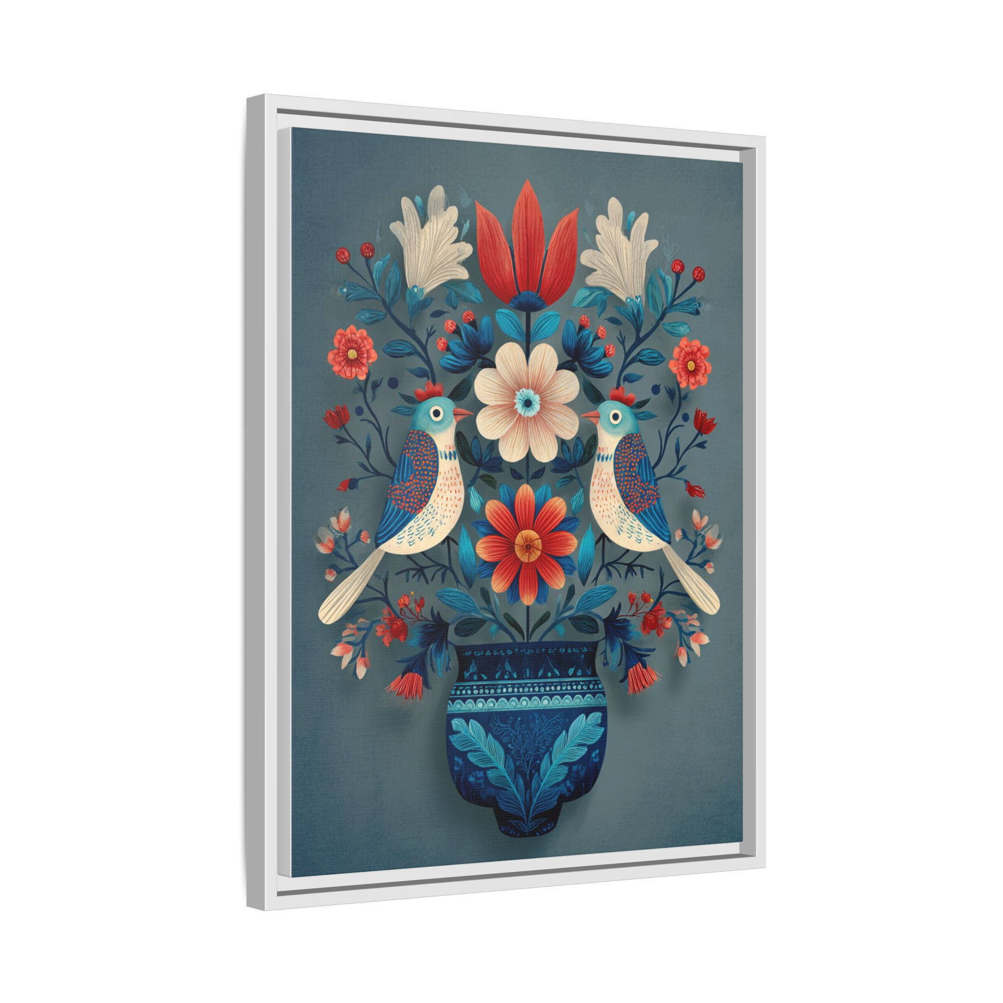Folk Art Birds Floral Vase Print | Scandinavian Style Wall Art | Framed Canvas Print - Image 30