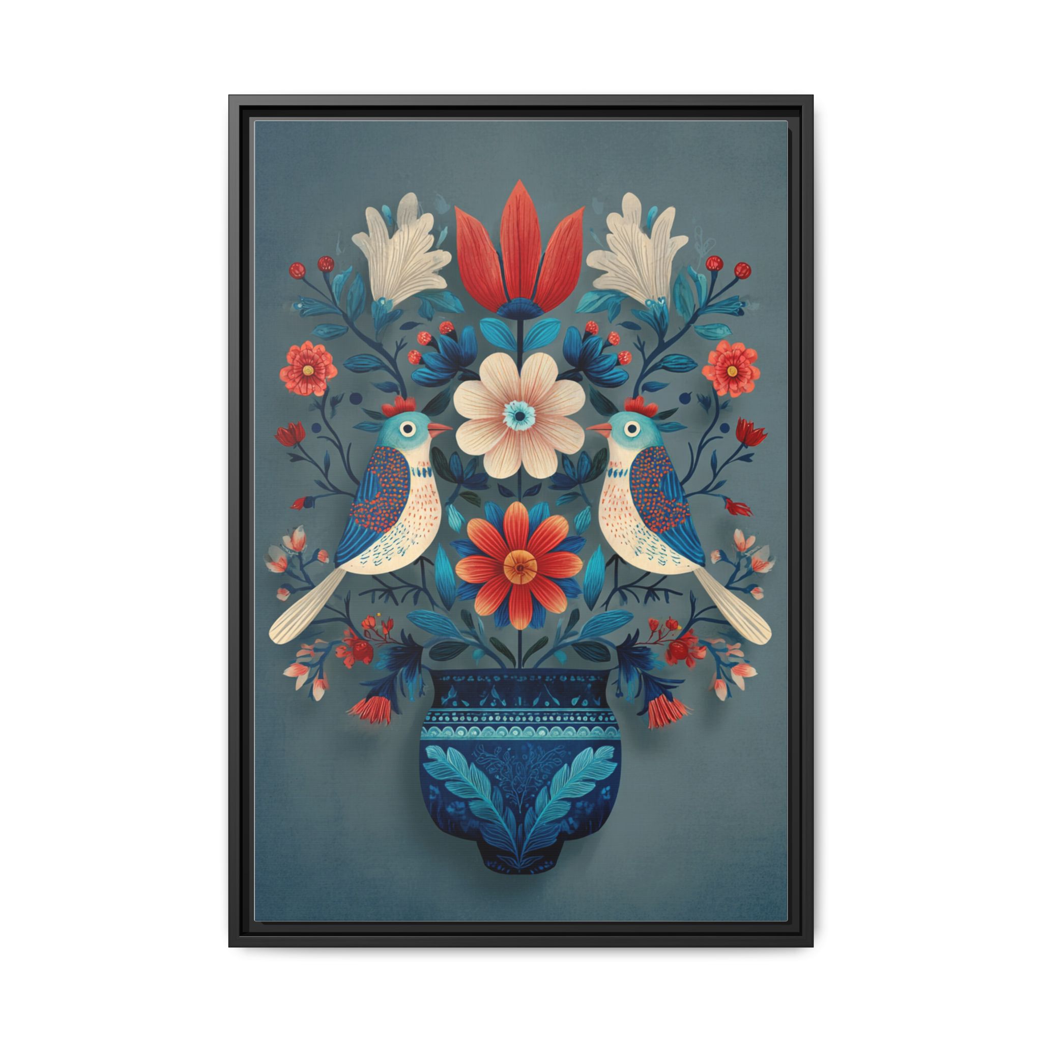 Folk Art Birds Floral Vase Print | Scandinavian Style Wall Art | Framed Canvas Print