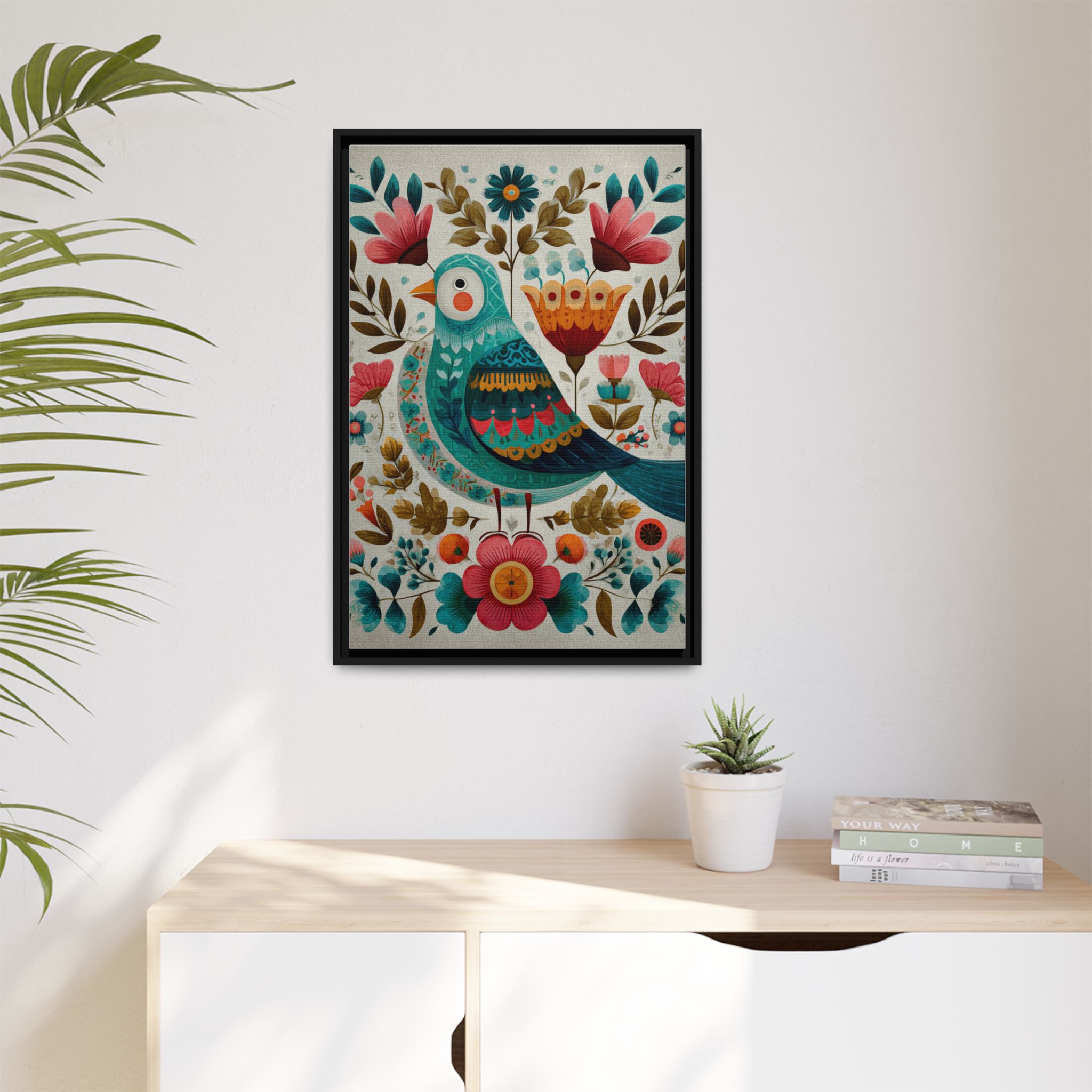 Folk Art Bird Print | Scandinavian Floral Illustration Boho | Framed Canvas Print - Image 3