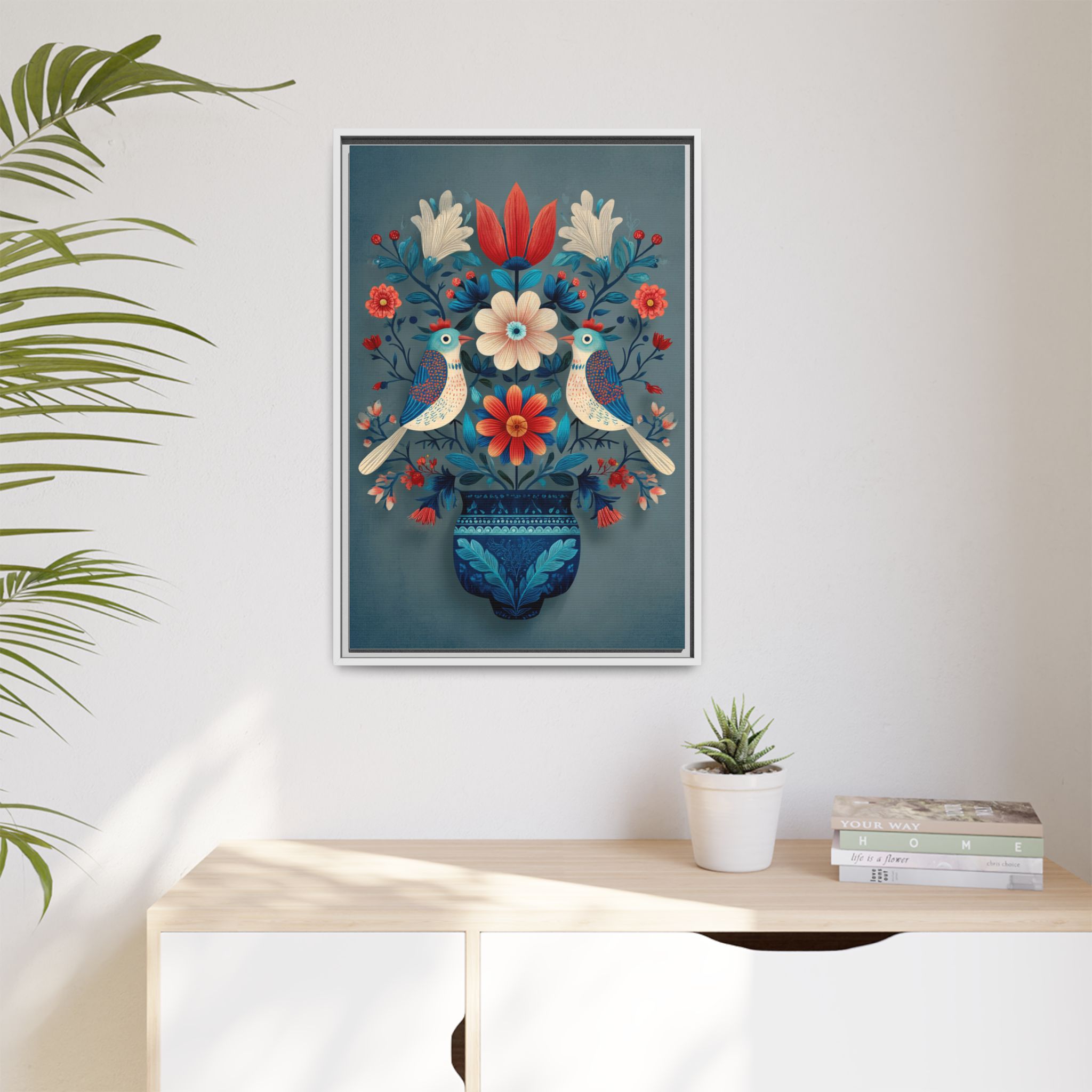 Folk Art Birds Floral Vase Print | Scandinavian Style Wall Art | Framed Canvas Print - Image 7