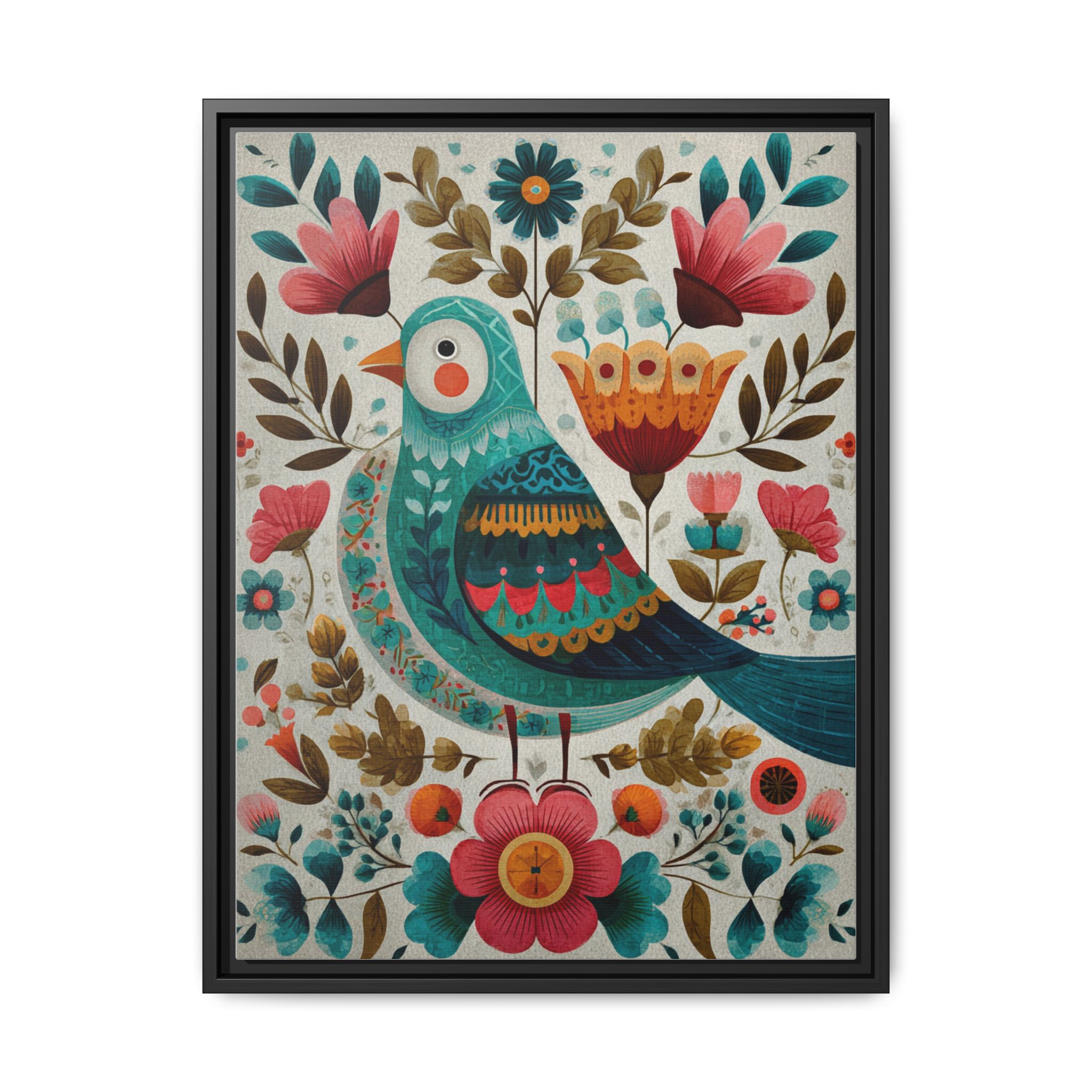 Folk Art Bird Print | Scandinavian Floral Illustration Boho | Framed Canvas Print - Image 25