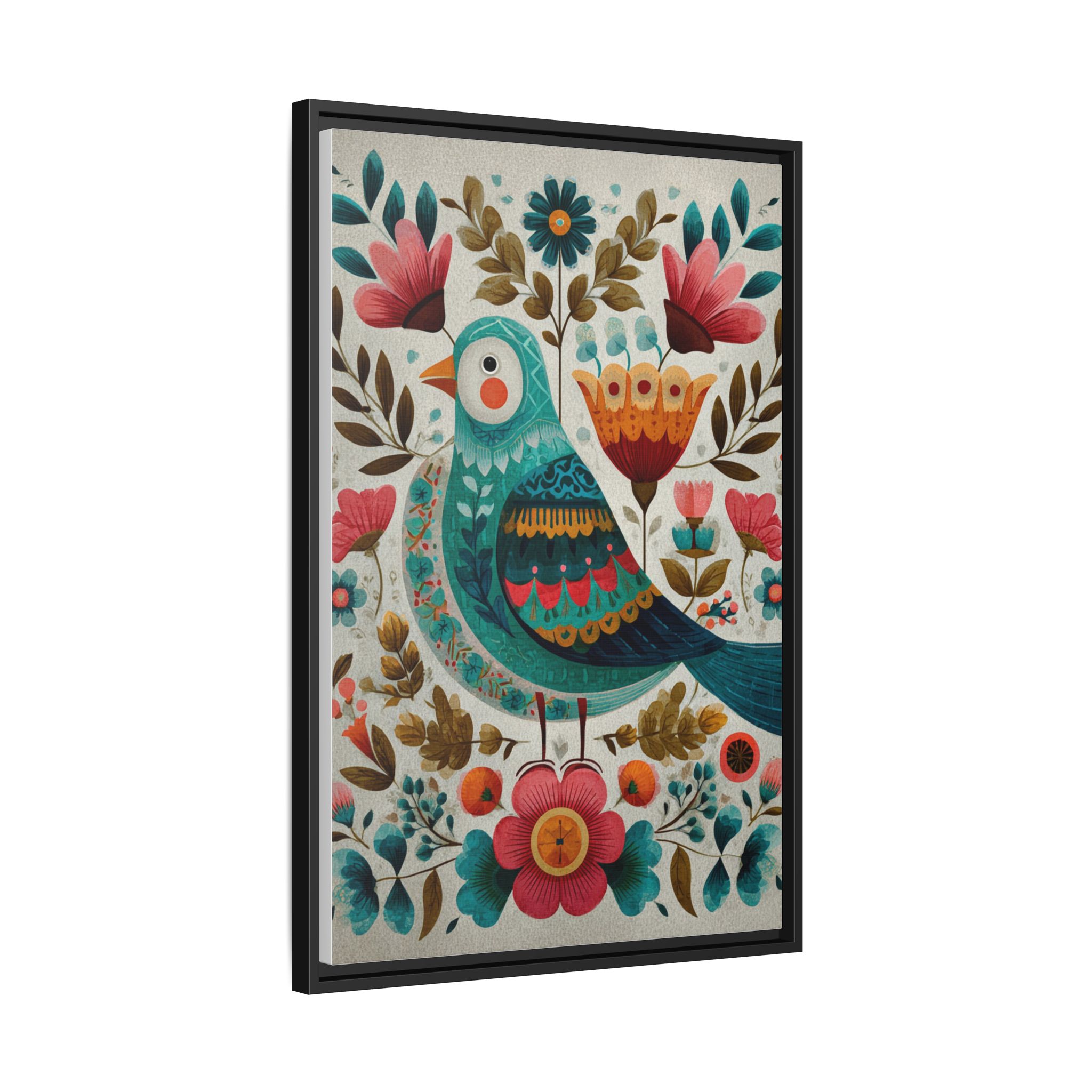 Folk Art Bird Print | Scandinavian Floral Illustration Boho | Framed Canvas Print - Image 2