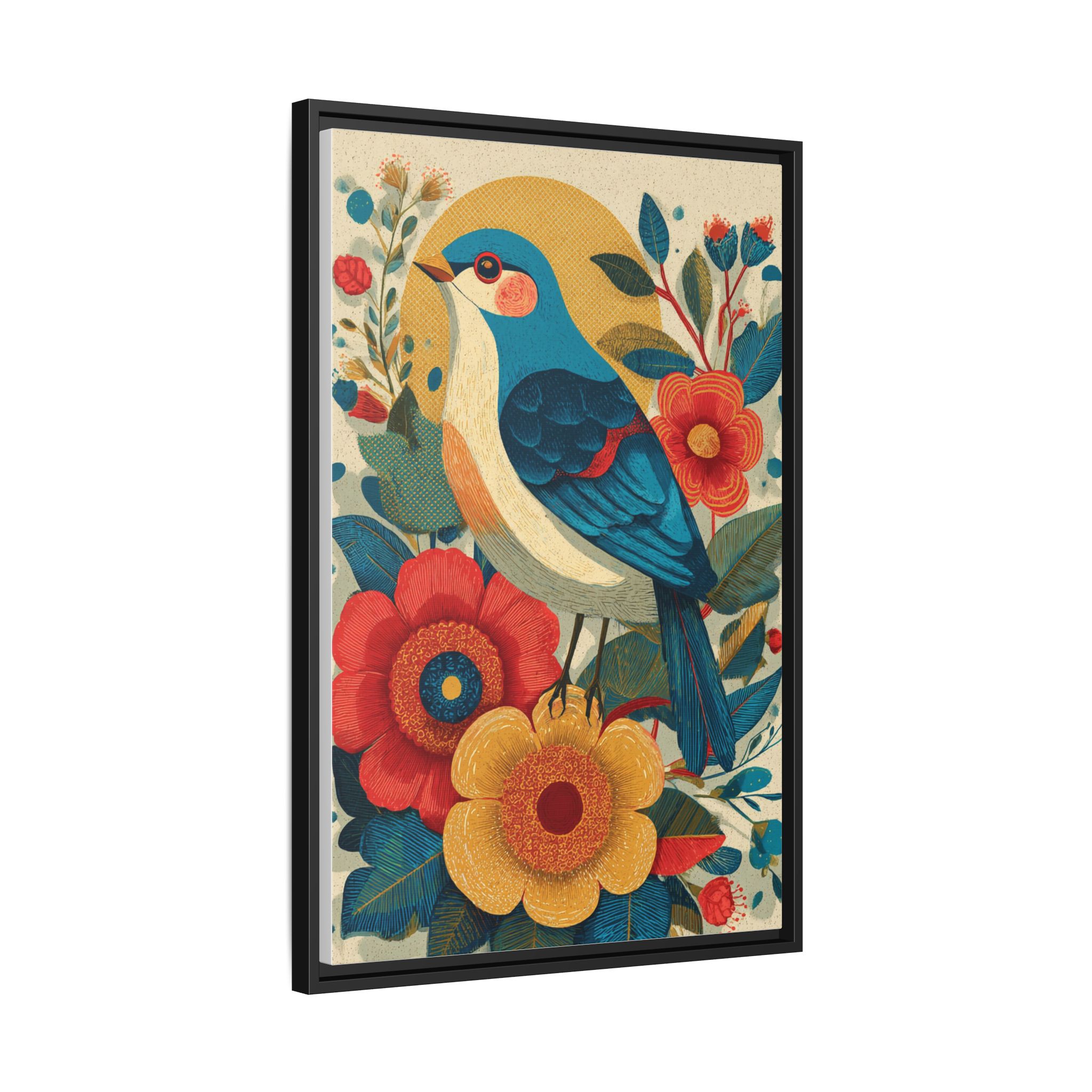 Folk Art Bird Print | Vintage Botanical Floral Illustration | Framed Canvas Print - Image 2