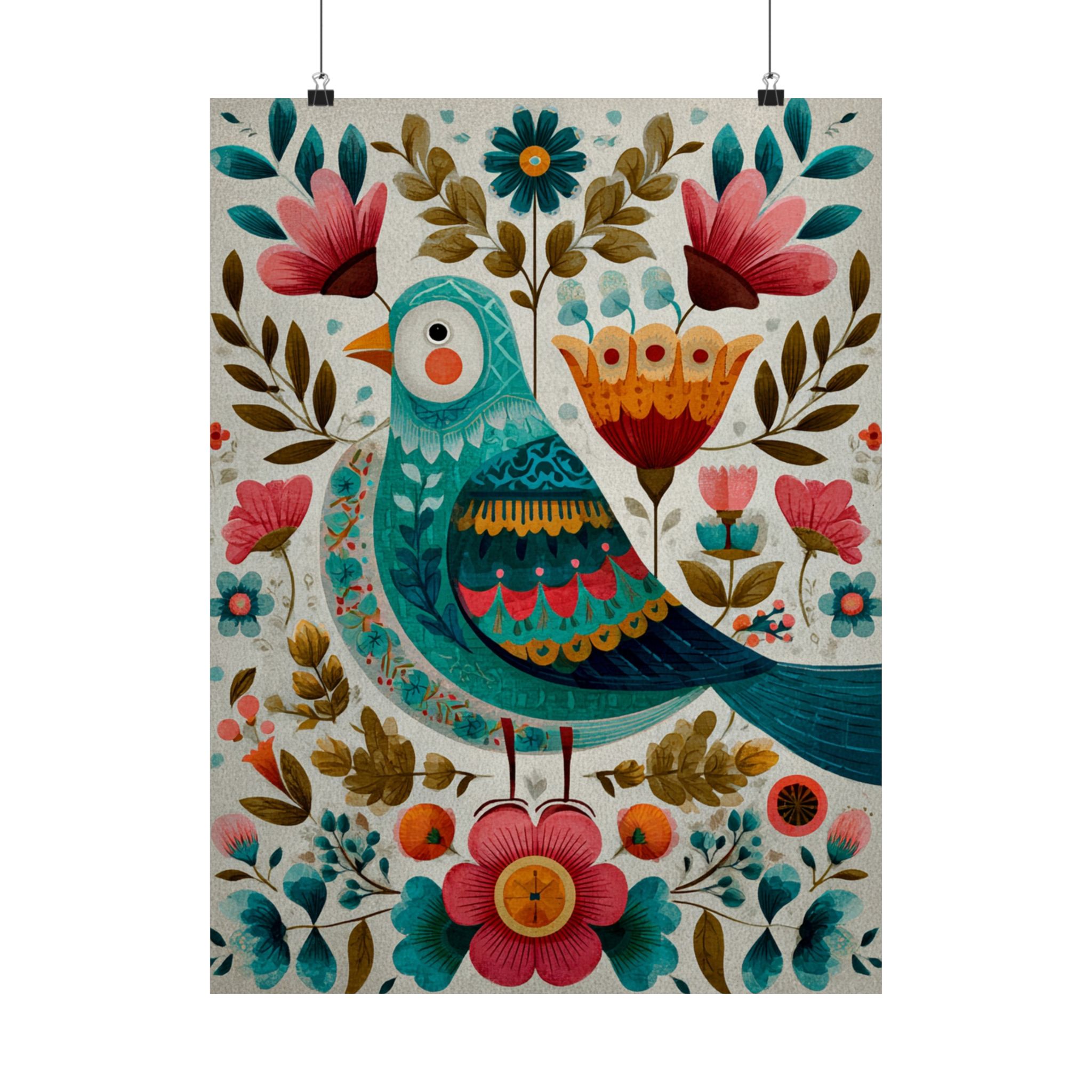 Folk Art Bird Print | Scandinavian Floral Illustration Boho | Matte Poster Print - Image 5