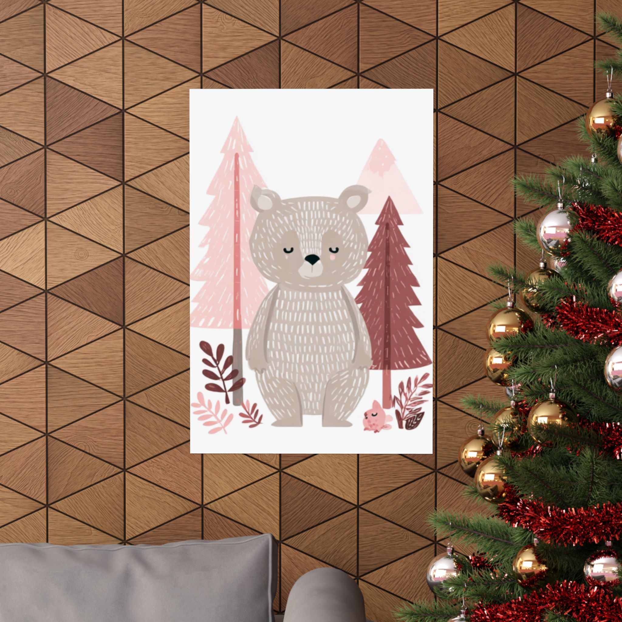 Woodland Bear Nursery Art Print | Pink Nordic Forest Animal | Matte Poster Print - Image 4