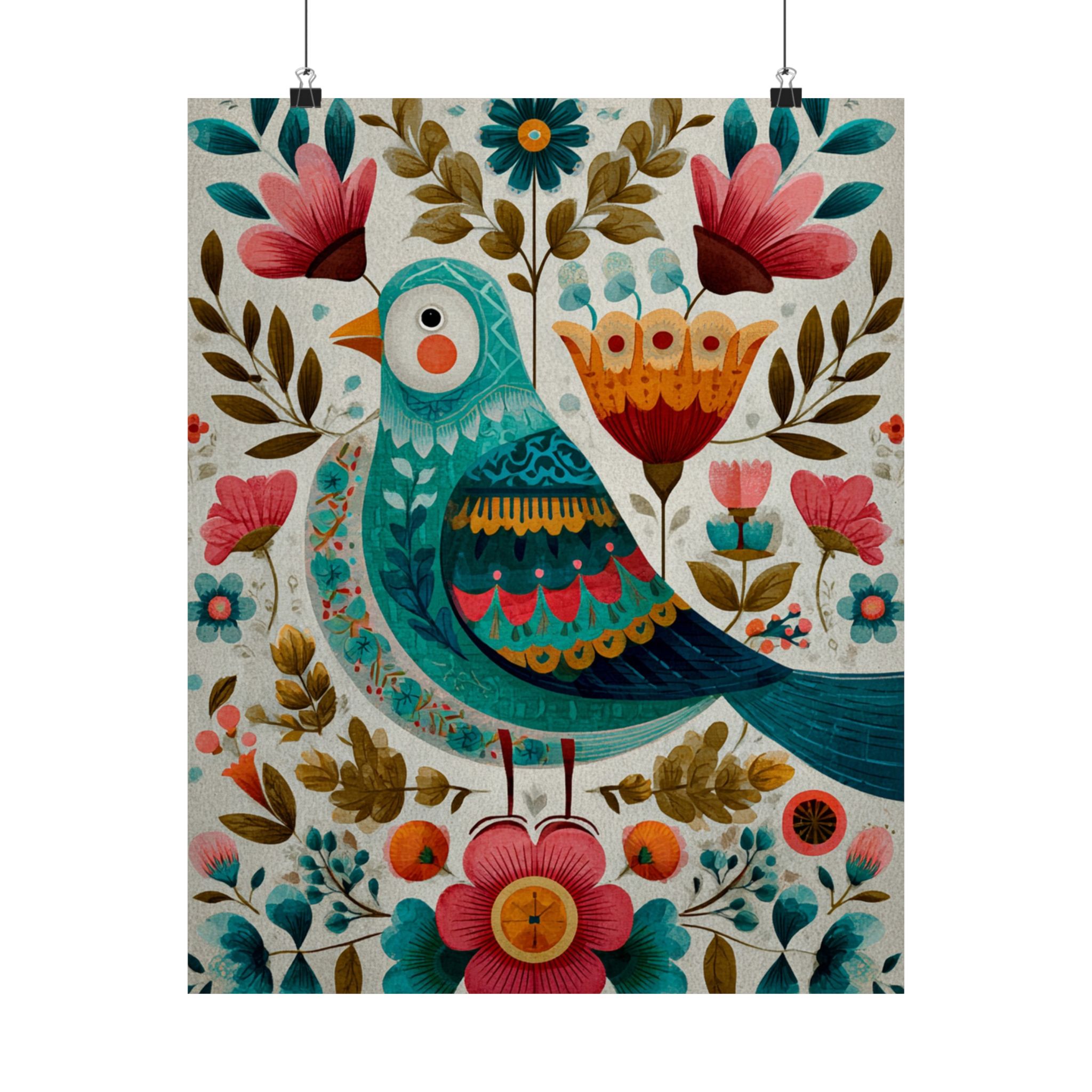 Folk Art Bird Print | Scandinavian Floral Illustration Boho | Matte Poster Print - Image 9