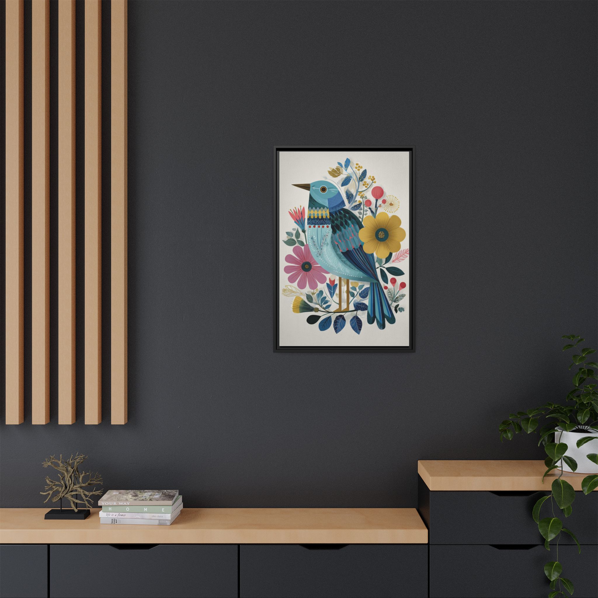Folk Art Bird Print | Colorful Floral Nature Poster | Framed Canvas Print - Image 4