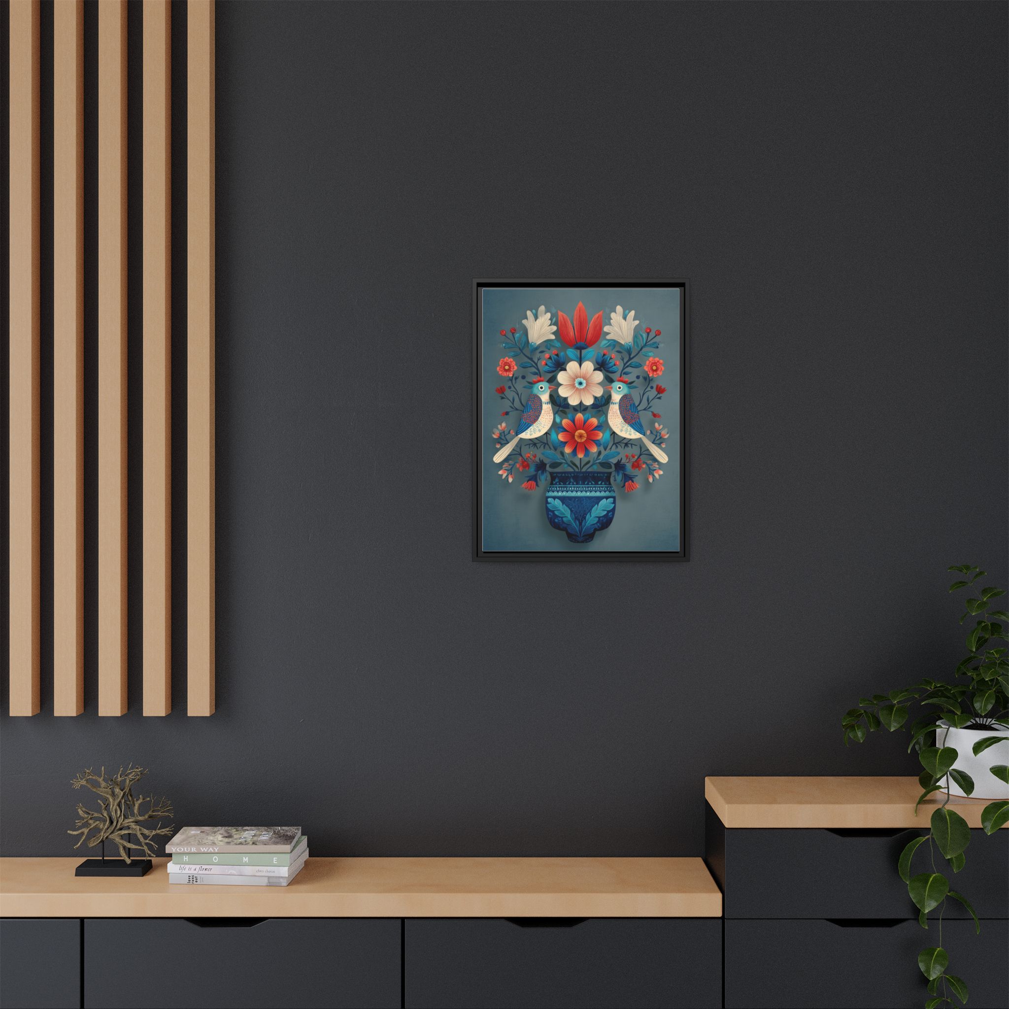Folk Art Birds Floral Vase Print | Scandinavian Style Wall Art | Framed Canvas Print - Image 28